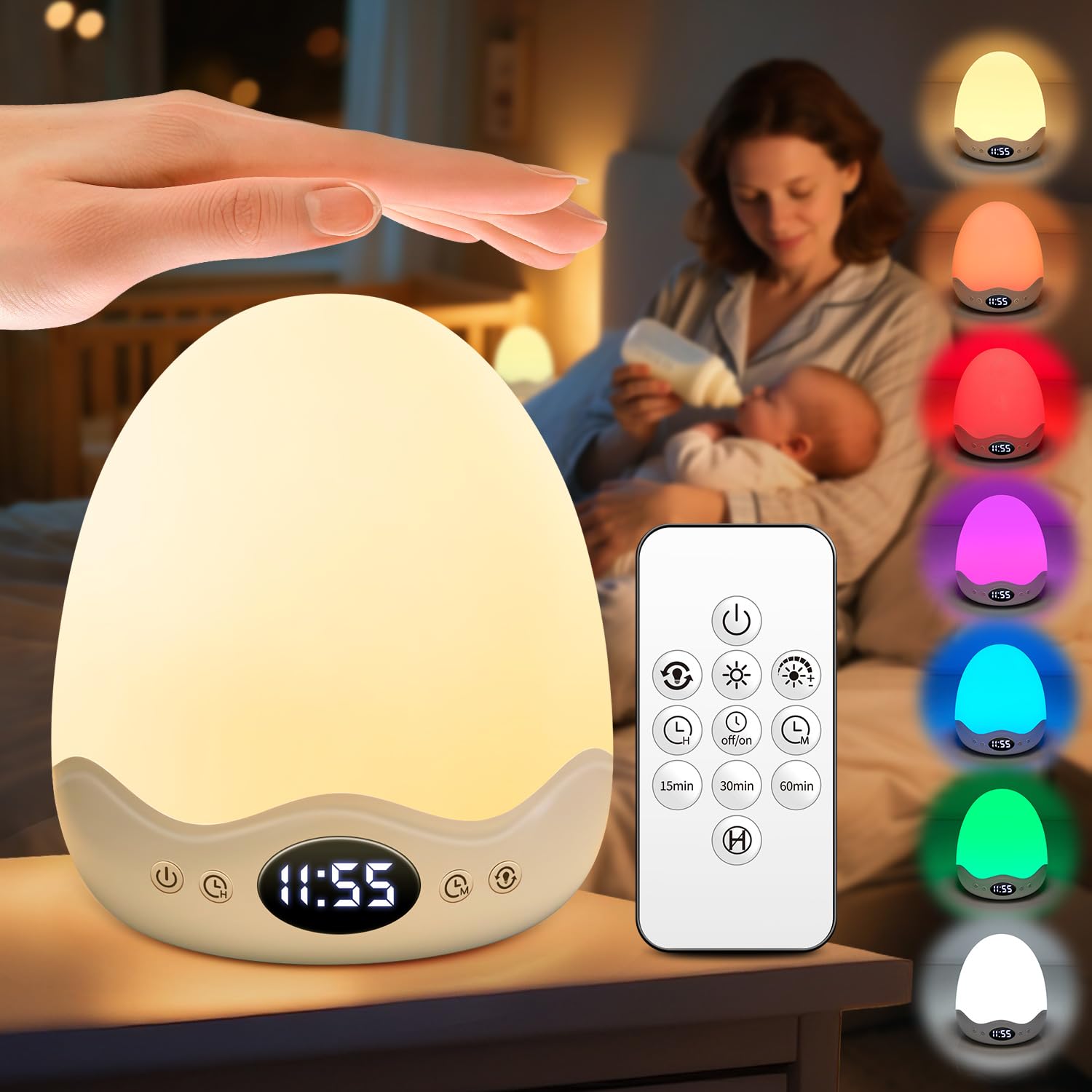 Pikoy White Egg Light Baby Night Light With Clock,10 Colors &10 Brightness Levels, Rechargeable Touch & Remote Control Night Light For Newborn,Night Feeds,Kids,Toddler–Perfect Baby Gift & Baby Essentials