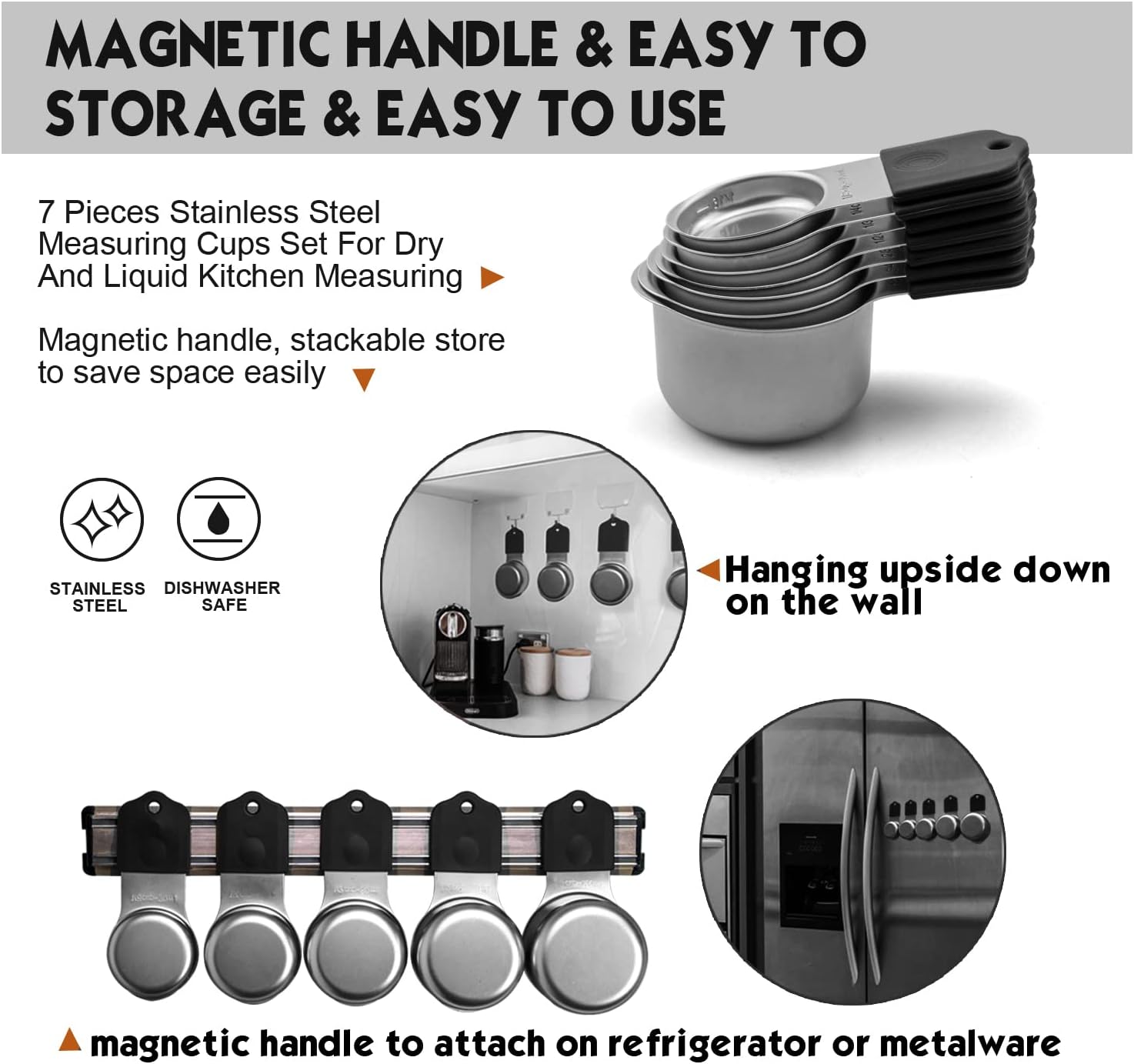 Magnetic Measuring Cups Set, 7 Pieces 18/8 Stainless Steel Stackable Nesting Heavy Duty Metal Measure Cups, Silicone Handle kitchen Tools for Dry and Liquid Ingredients, Dishwasher Safe (Black）