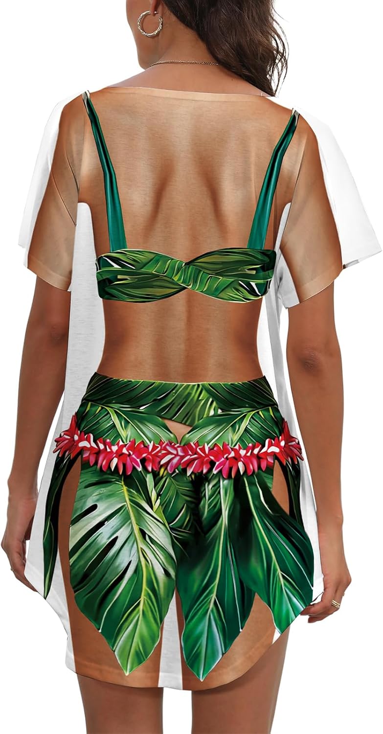 Women's Hawaiian Funny Bikini Shirt Cover Up Short Sleeve Beach Luau Party Baggy Body Printed T Shirt Dress - Image 4