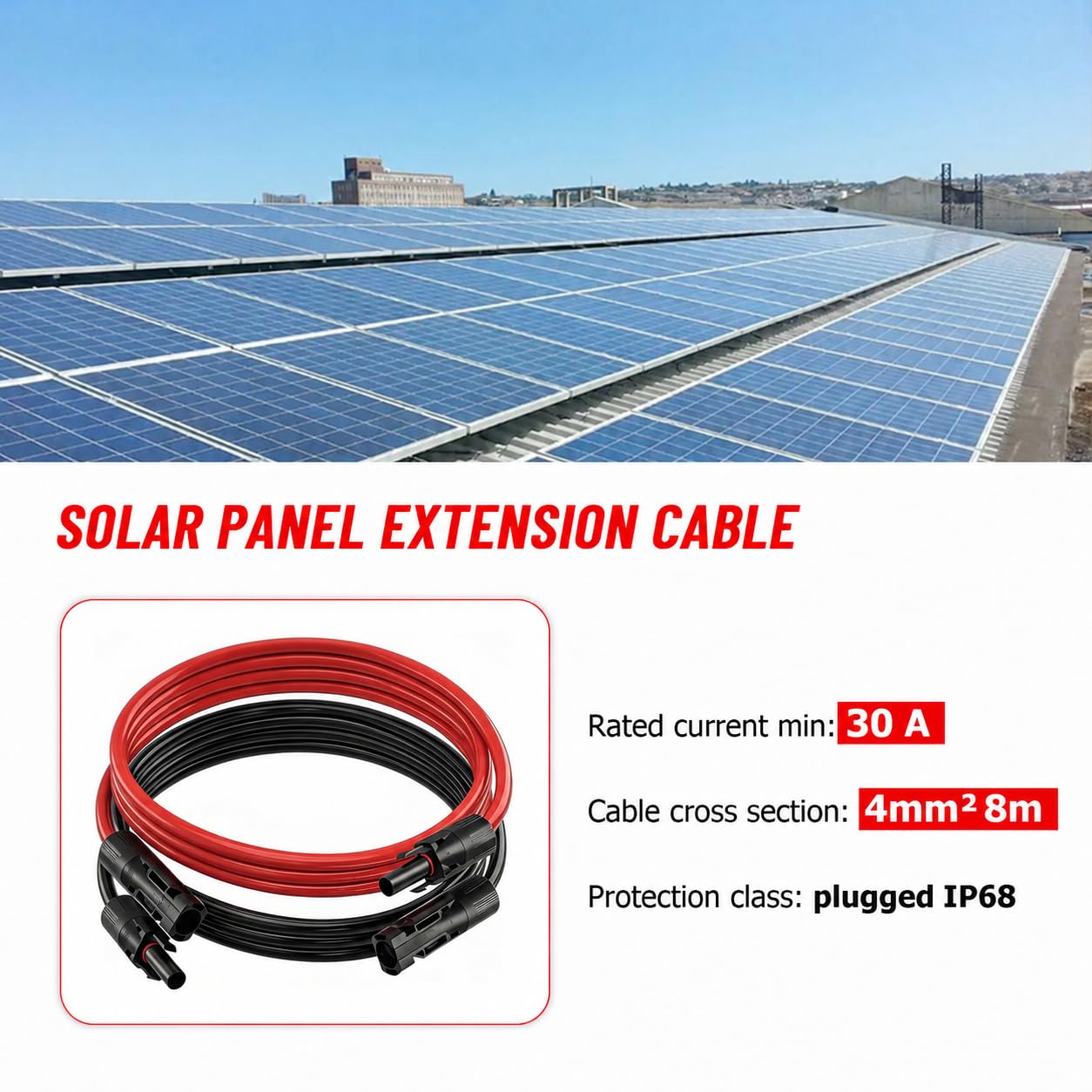 Cable solar de 4/6 mm²/alargador 1 M/2 M/3 M/4 M/5 M/6 M/8 M/10 M/15 M/20 M – Resistente a los rayos UV, TUV, certificado VDE, con conectores solares, para instalaciones fotovoltaicas (rojo/negro) (4