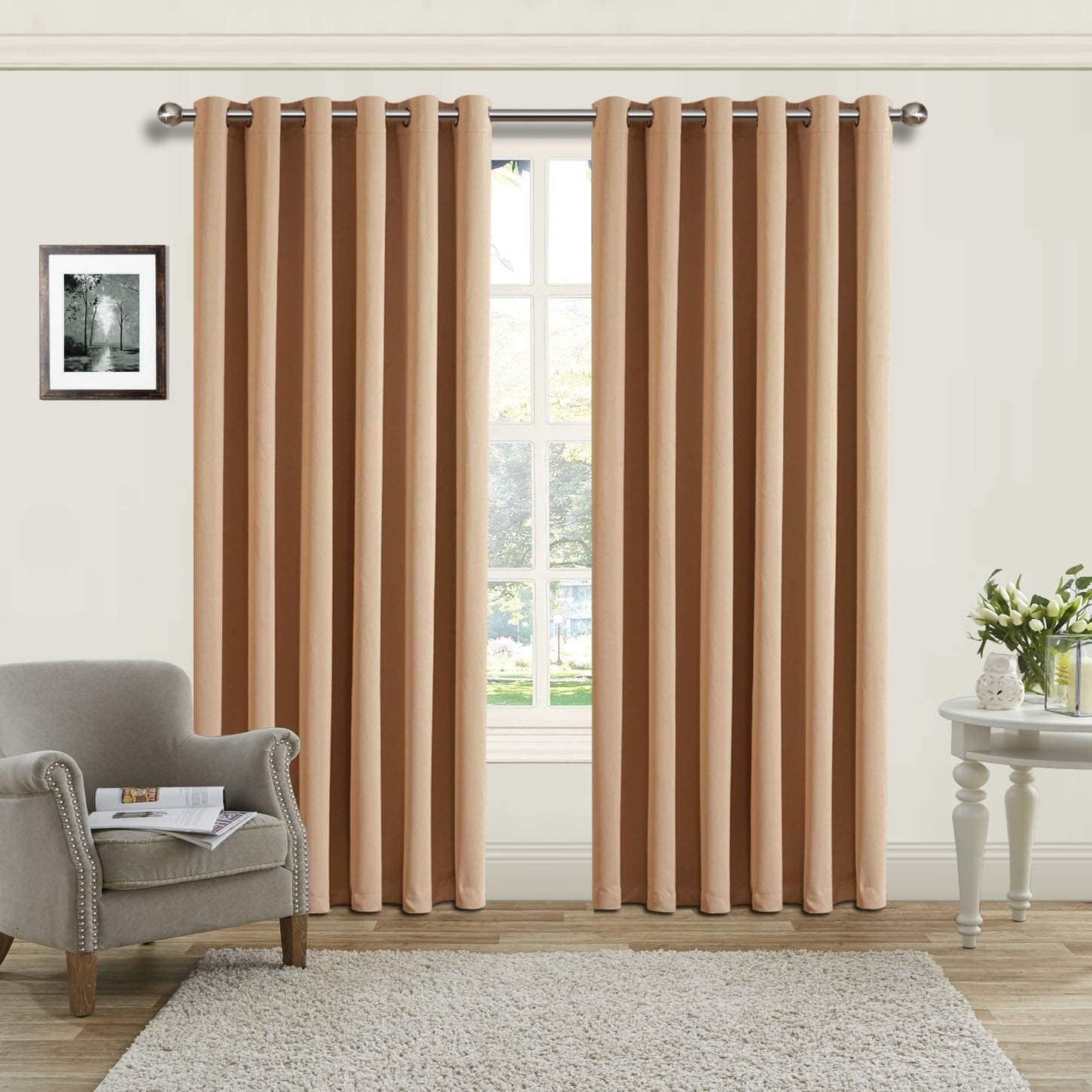 AMEHA Blackout Curtains for Bedroom - Beige Eyelet Curtains Living Room 54 Inch Drop Thermal Insulated Super Soft Black Out Kitchen Curtain & Drapes with Tiebacks Pair Panels 46" x 54"