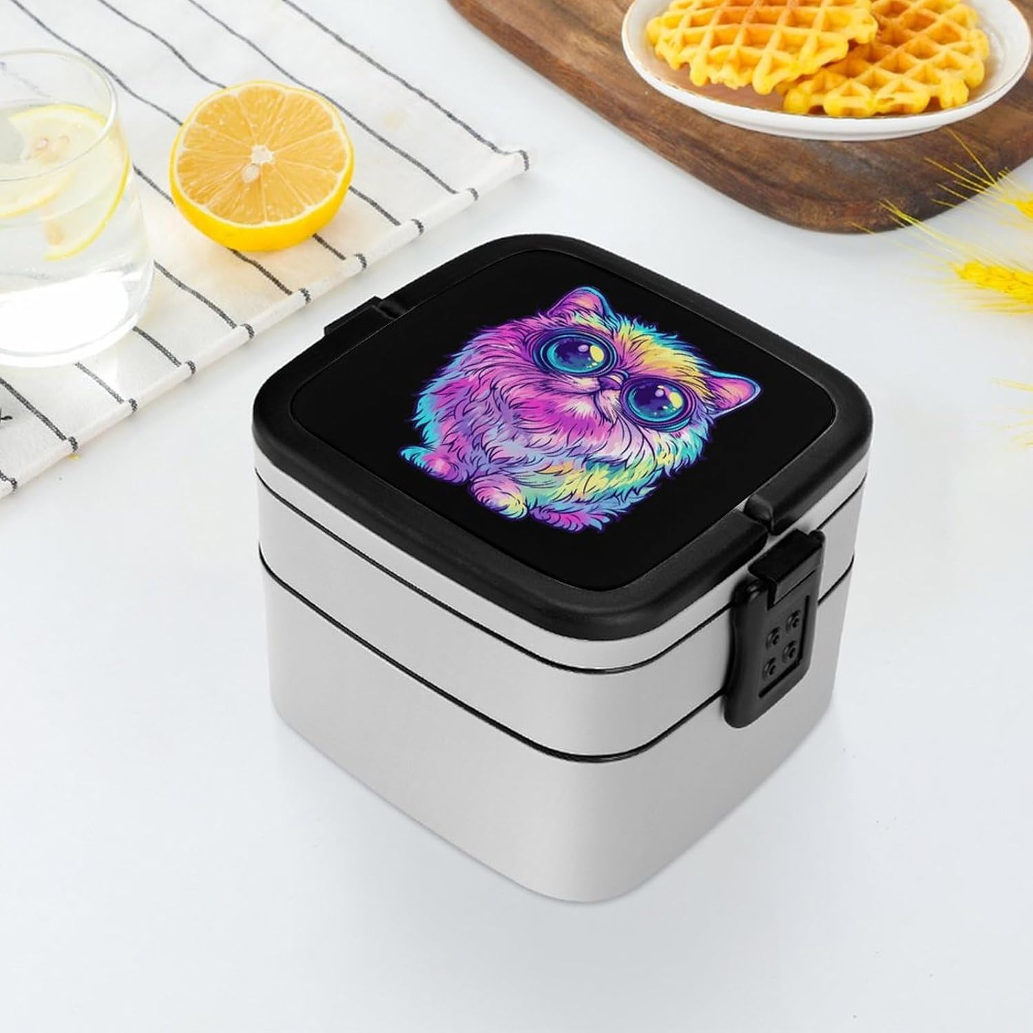 Big Eyed Cat Bento Box with Spoon 2 Layer Food Container Cute Lunch Box for Travel Dining Work