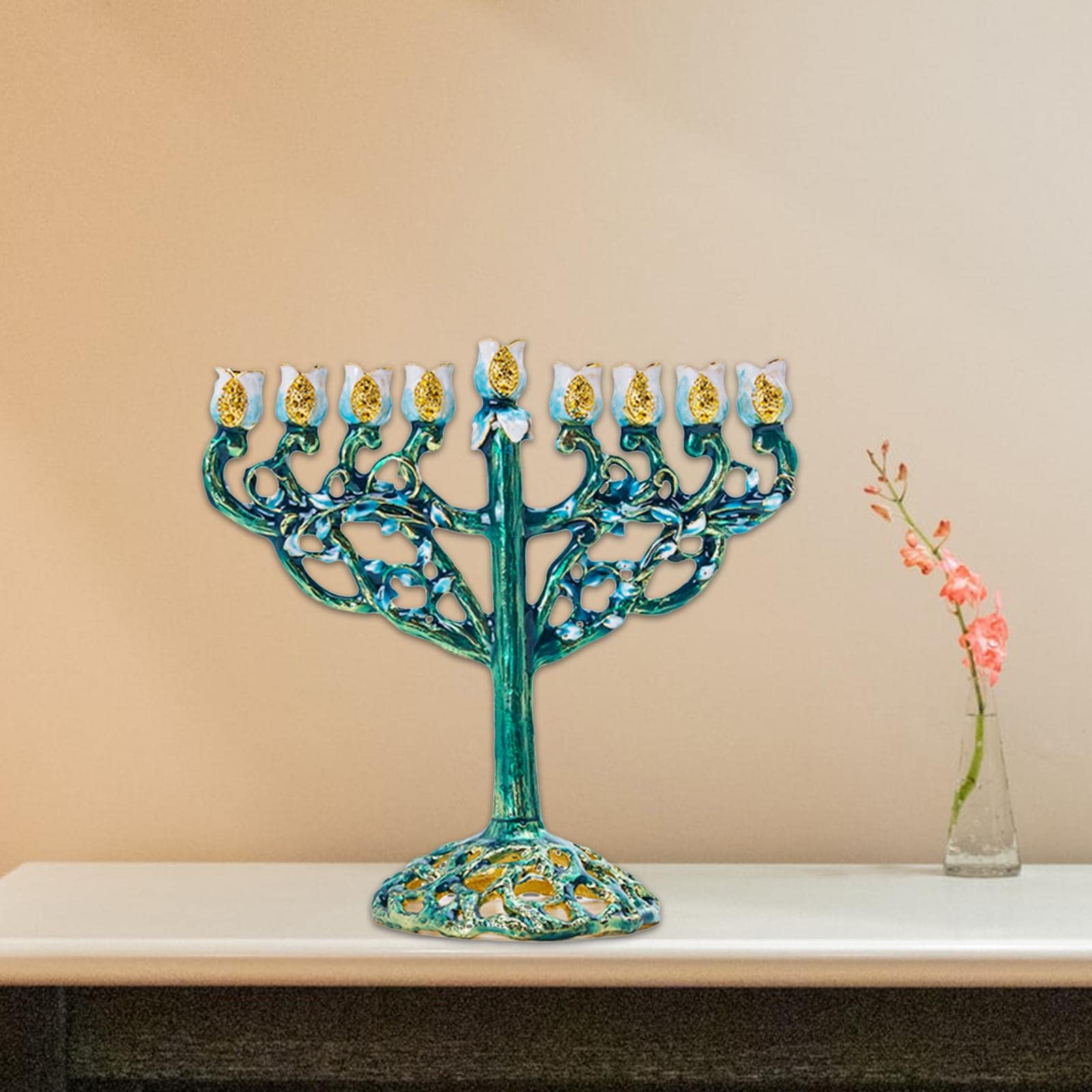 Baoblaze Menorah smaltato Hanukkah Dipinto a Mano Bejeweled Jewish con candelabri ingioiellati Accenti - Verde