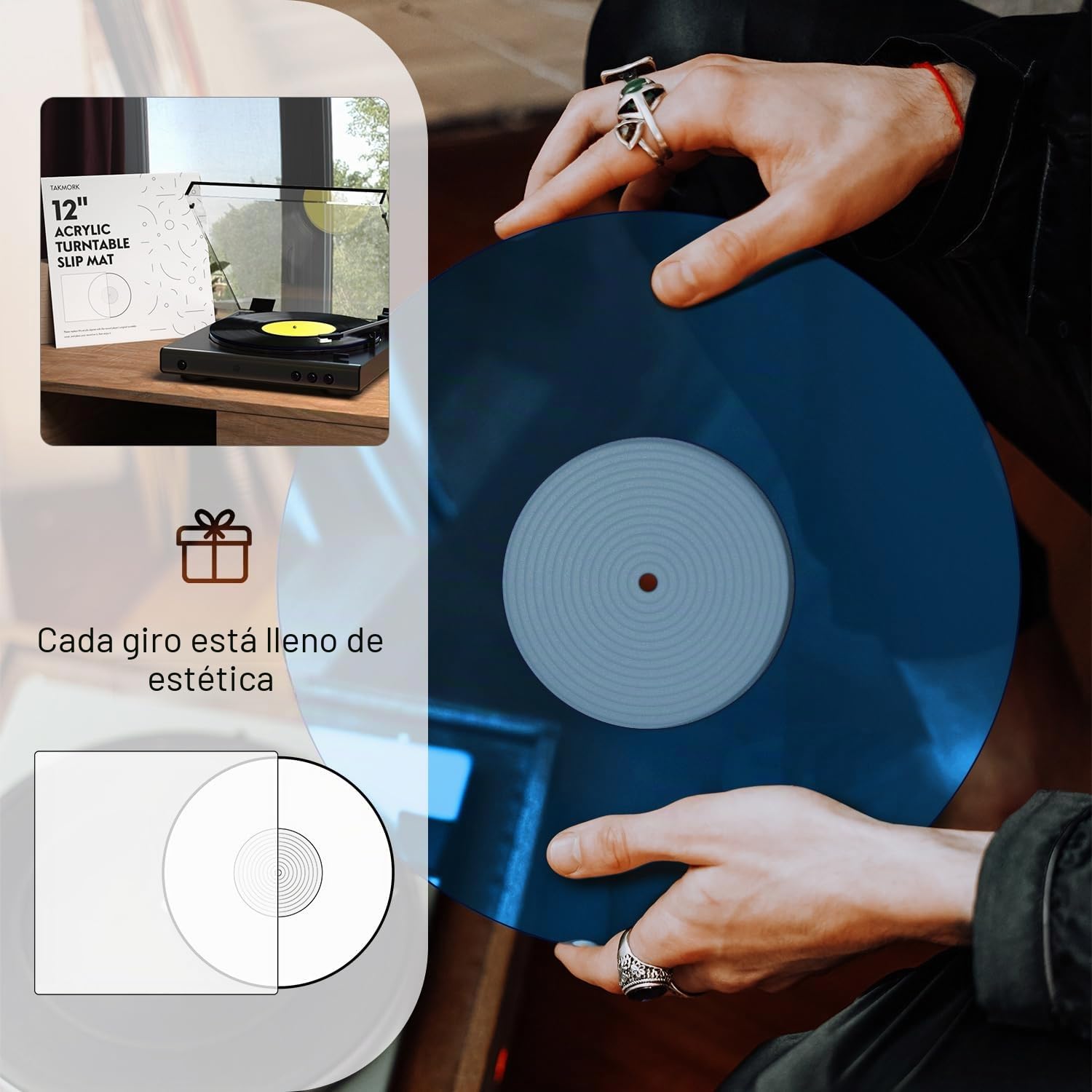 Alfombrilla giratoria para tocadiscos, alfombrilla antideslizante de vinilo para tocadiscos antiestático más apretado y definido, azul