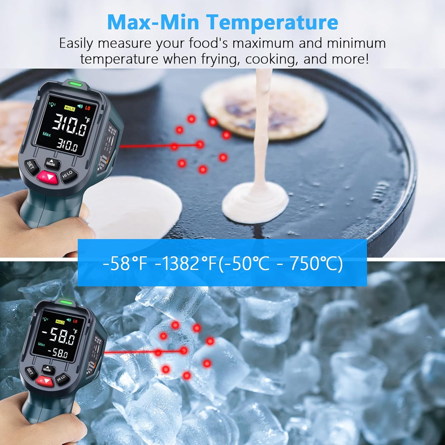 SURPEER Infrared Thermometer measuring temperatures of a hot griddle and cold ice, demonstrating Max-Min temperature tracking.