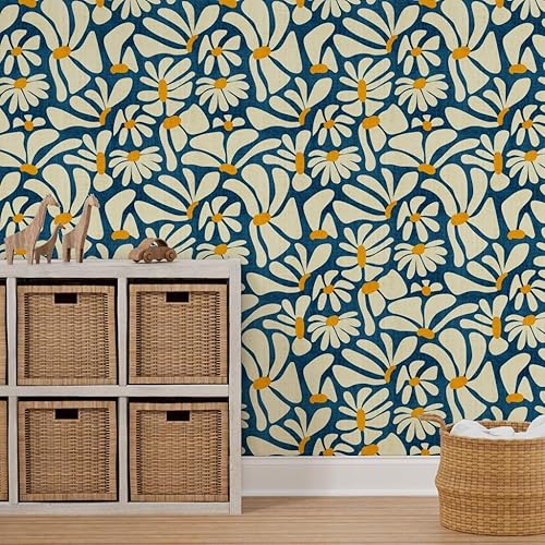 Miniatura 7 de Papel tapiz autoadhesivo de 9 x 2 pies  Retro Daisy Flower Power Blue Floral Vintage Groovy 70S 60S papel tapiz extraíble personalizado por