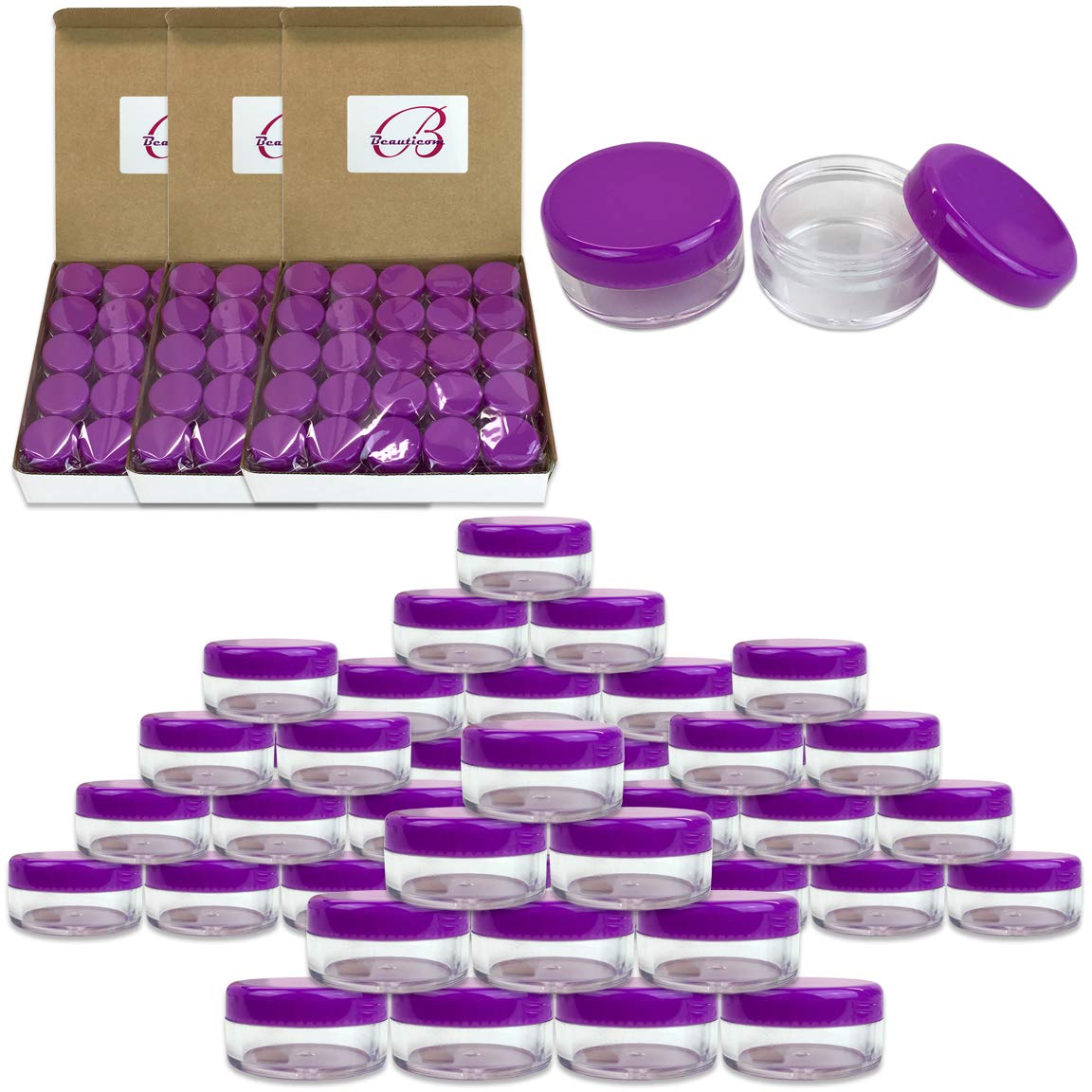 panaBeauticom 5G/5ML Round Clear Jars with Purple Lids for Cosmetics, Medication, Lab and Field Research Samples, Beauty and Health Aids - BPA Free (Quantity: 200 Pieces)