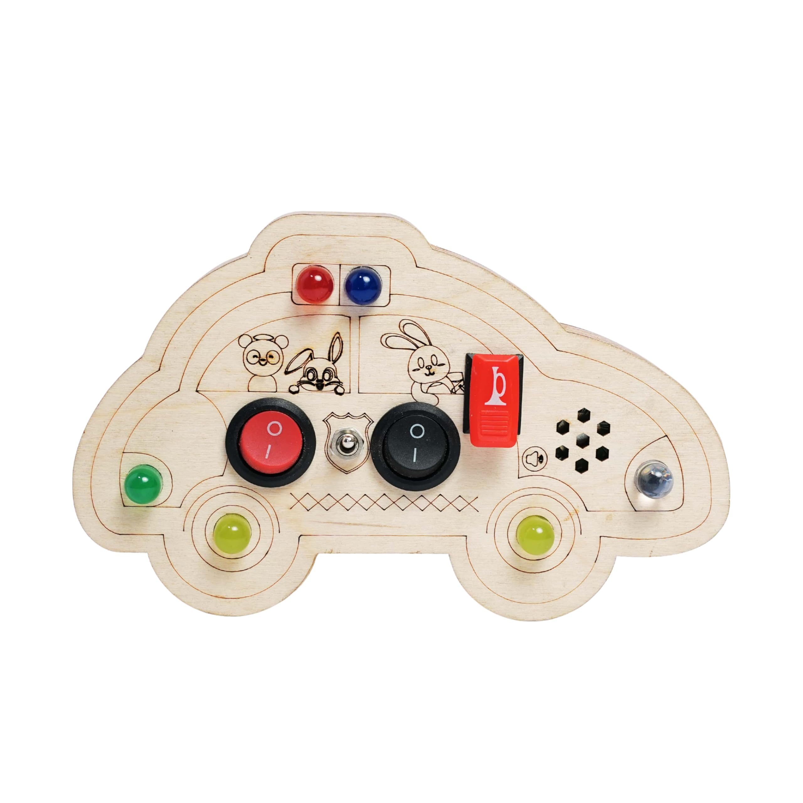 Metclap Emergency Echo Busy Board – Wooden Car Shape Montessori Busy Board Toy with Lights, Siren Sounds, Switches & Buttons – Educational Sensory Activity Toy for Toddlers, Kids Travel Learning Toy