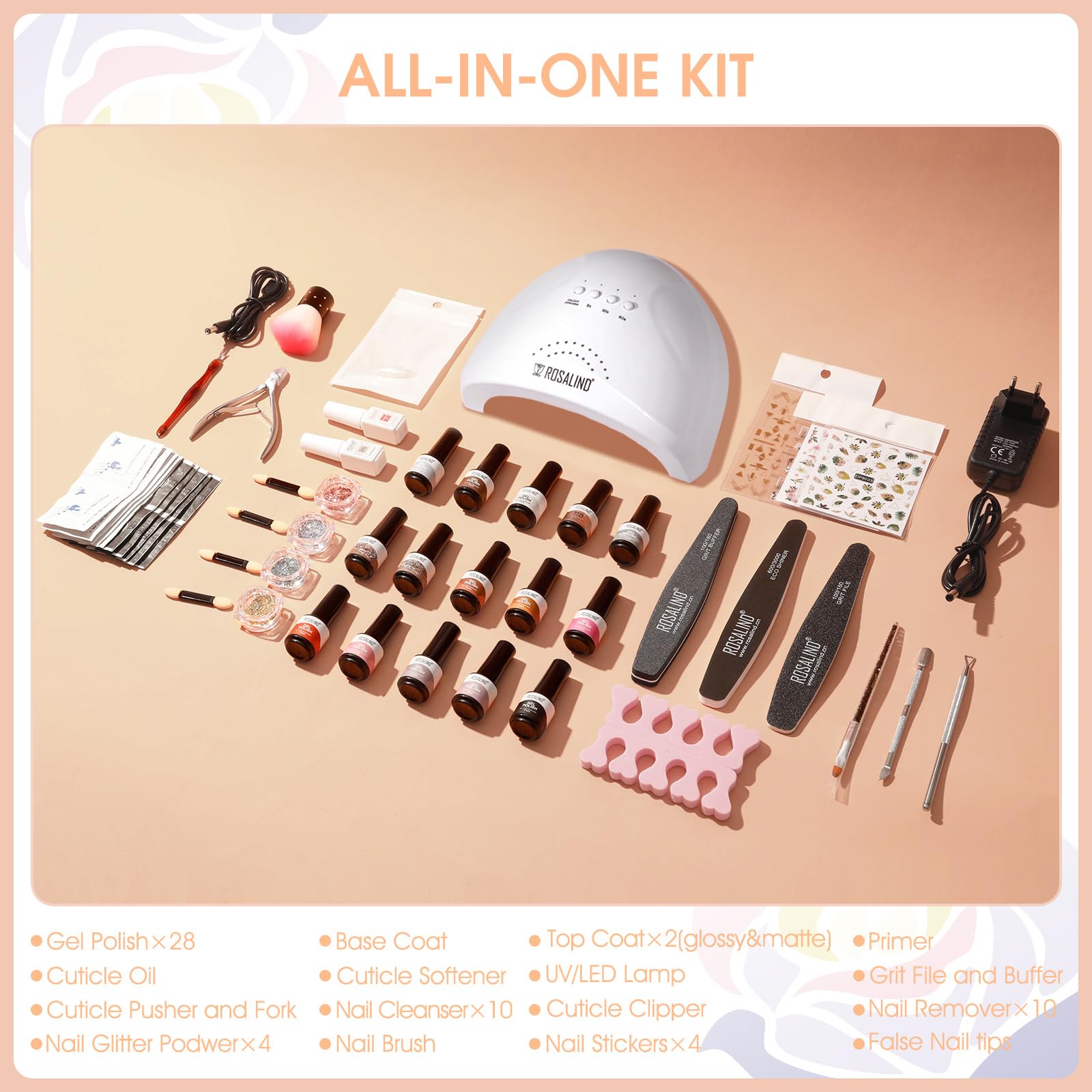 ROSALIND Kit Uñas Semipermanente, 48W Lampara Uñas Semipermanentes, 28 Colores Uñas Semipermanentes Kit Completo y Base Top Matte Coat Primer Gel Esmaltes Permanentes Blanco Negro Gris Marrón