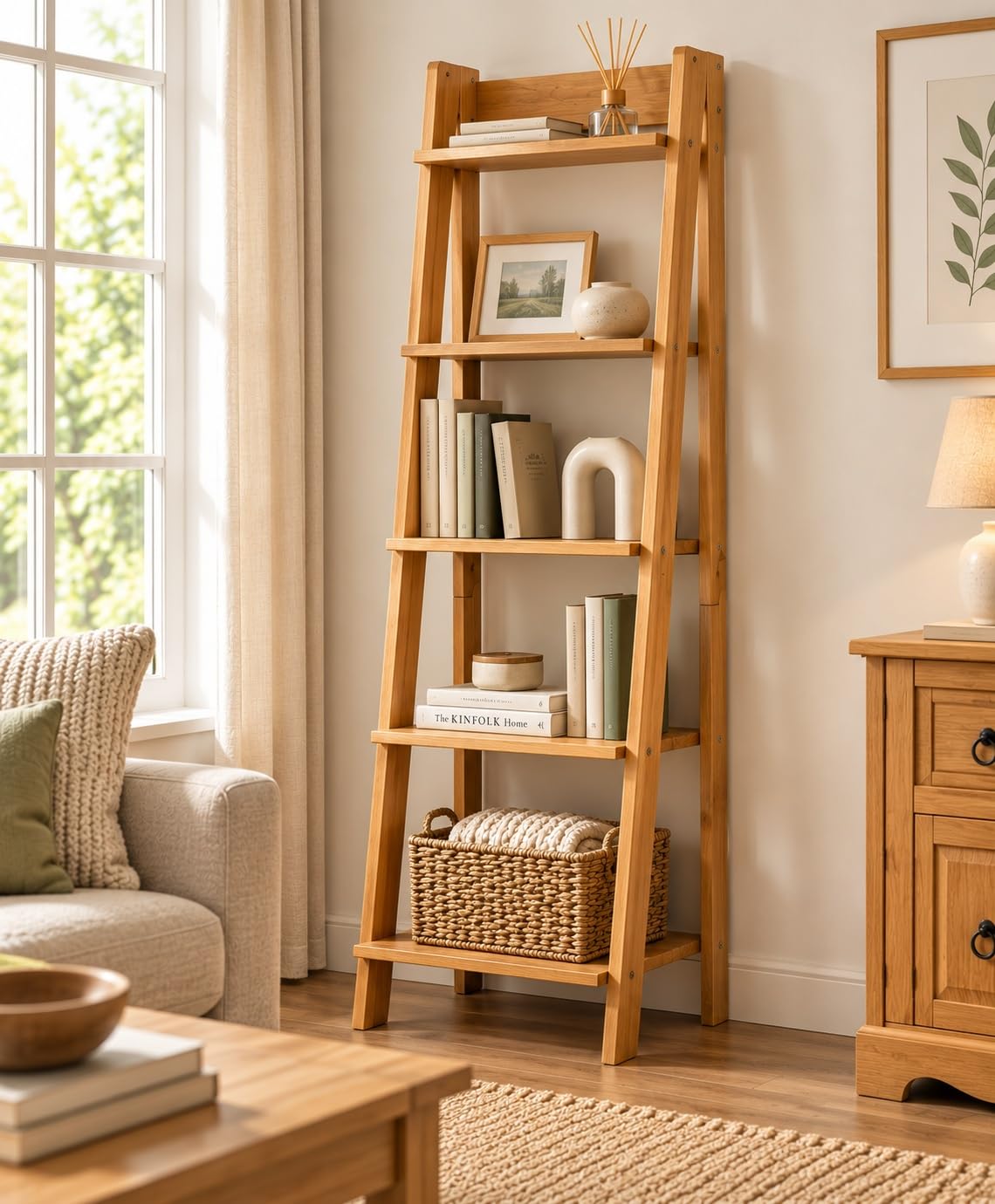 Mews Corona Ladder Bookcase – Solid Pine Wood 5-Tier Shelving Unit, Mexican Style Wooden Display Bookshelf for Living Room, Bedroom, Home Office & Hallway