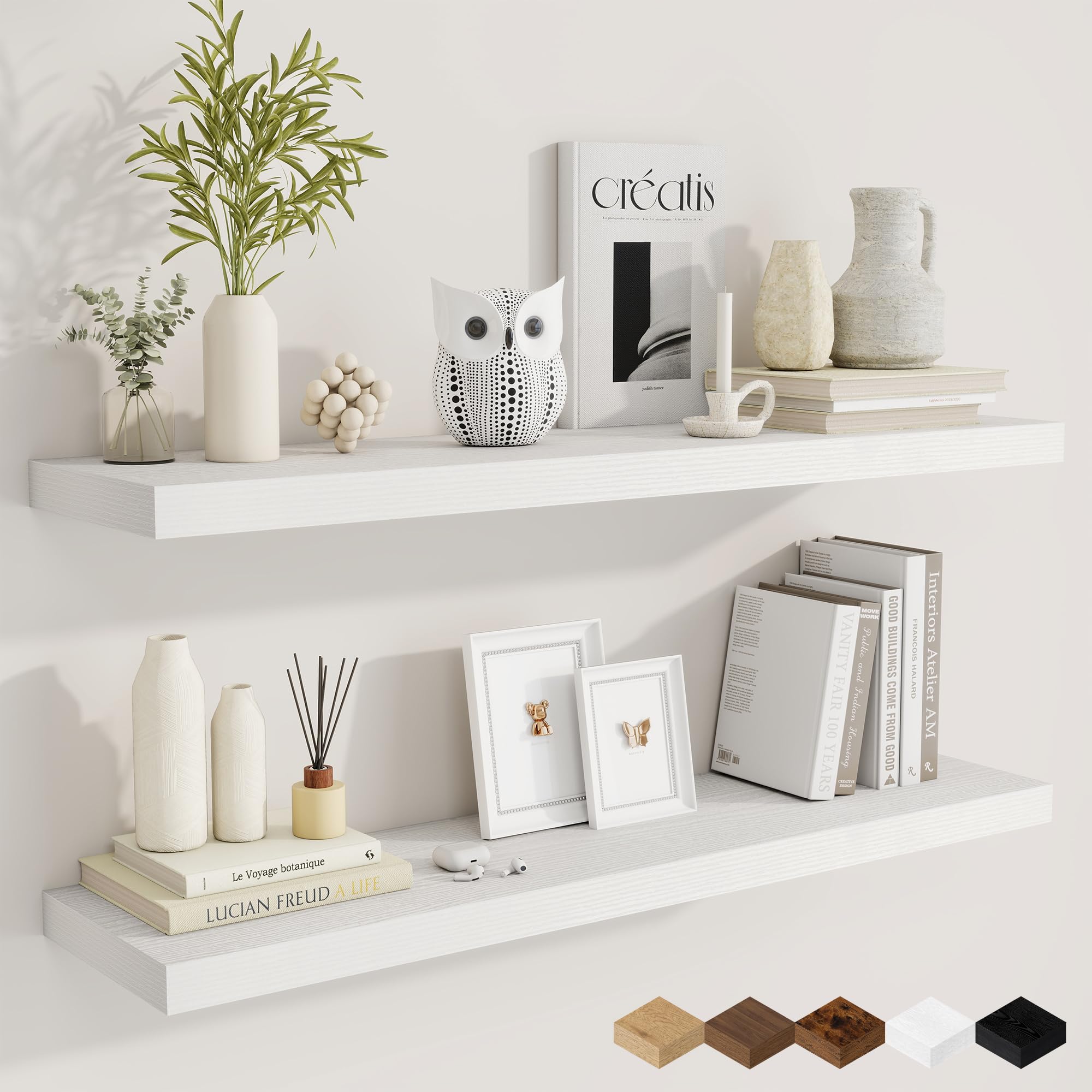 fun memories 40 inch white floating shelves, 9.3 inch deep wall shelves for living room|bedroom|kitchen, rusitc wall mounted bathroom shelves 2 pack, heavy-duty deep shelf for books-decor
