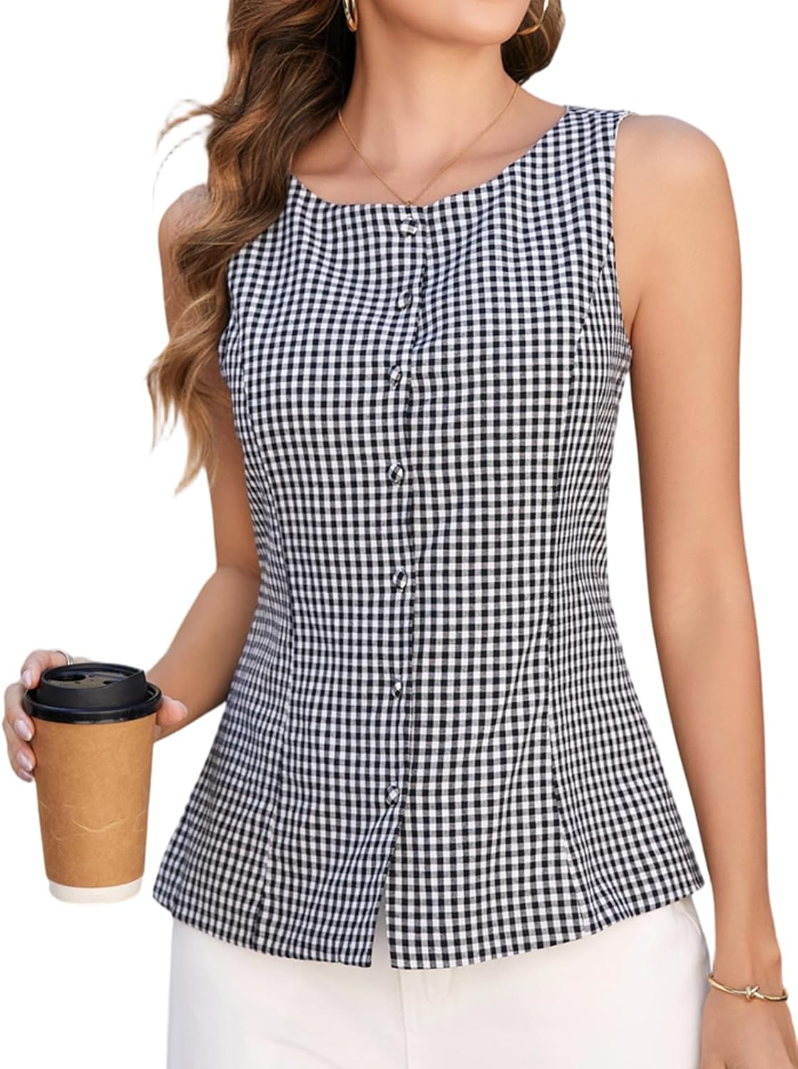 Summer Business Casual Tank Tops Crewneck Sleeveless Shirts Slim Fit Plaid Shirt for Women