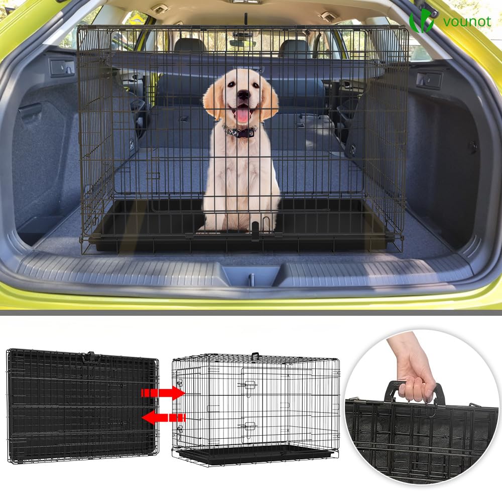 VOUNOT® Gabbia per Cani Pieghevole in Metallo, Cassetta per Trasporto Scatola Trasportino Cani con 2 Porte, Vassoio Rimovibile, 107x70x78cm, Nero