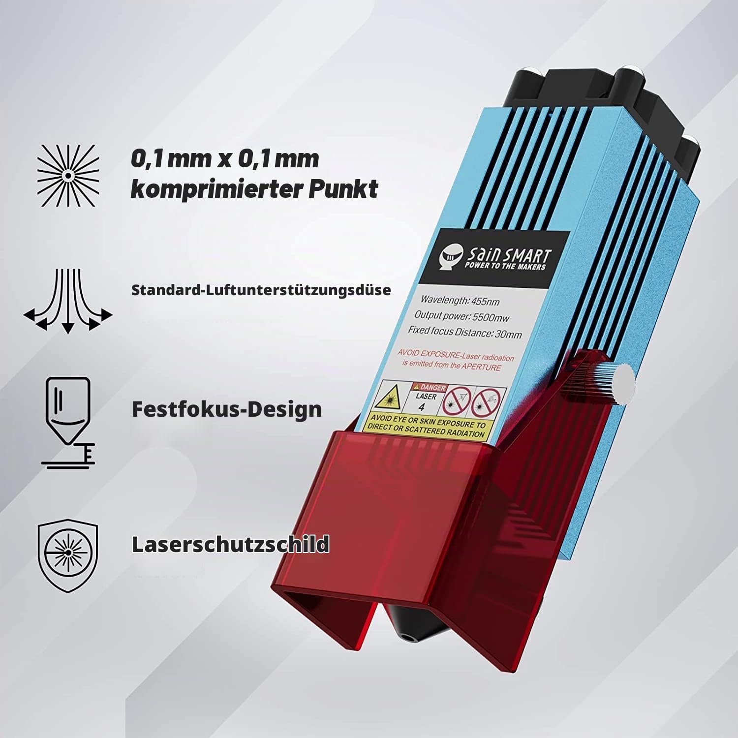 Genmitsu 5,5W Fixfokus-Lasermodul mit Luftdüse, 0,1mm*0,1mm Laserpunkt, 5500mW Laserkopf für Genmitsu 3018-PRO, 3018-PROVer, 3018-PROVer V2, 3020-PRO MAX, PROVerXL 6050 Plus CNC Fräs-/Graviermaschine