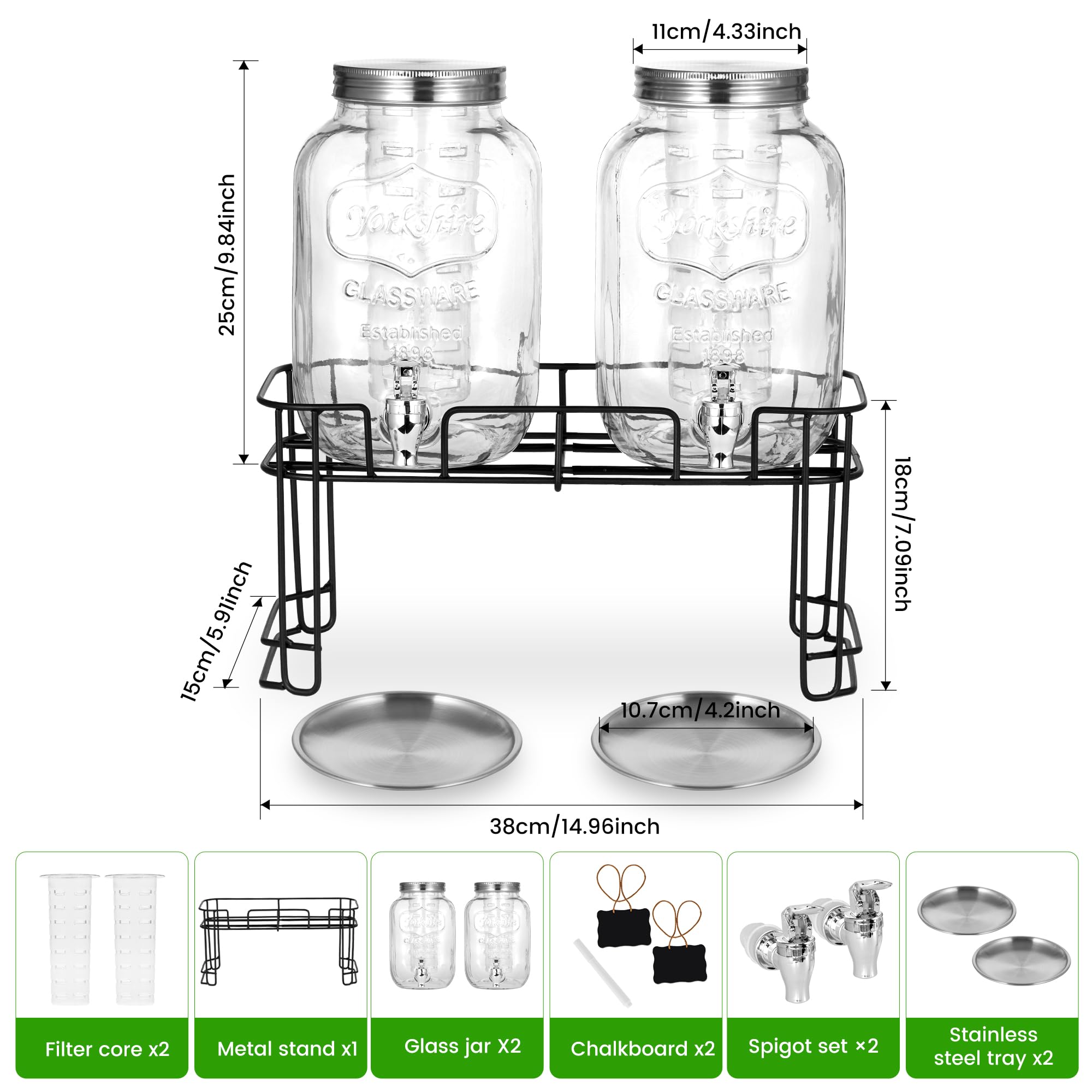 Paquete de 2 dispensadores de bebidas de vidrio de 1 galón para fiestas, dispensador de bebidas, dispensador de bebidas de vidrio con soporte y espiga (espiga de plástico)