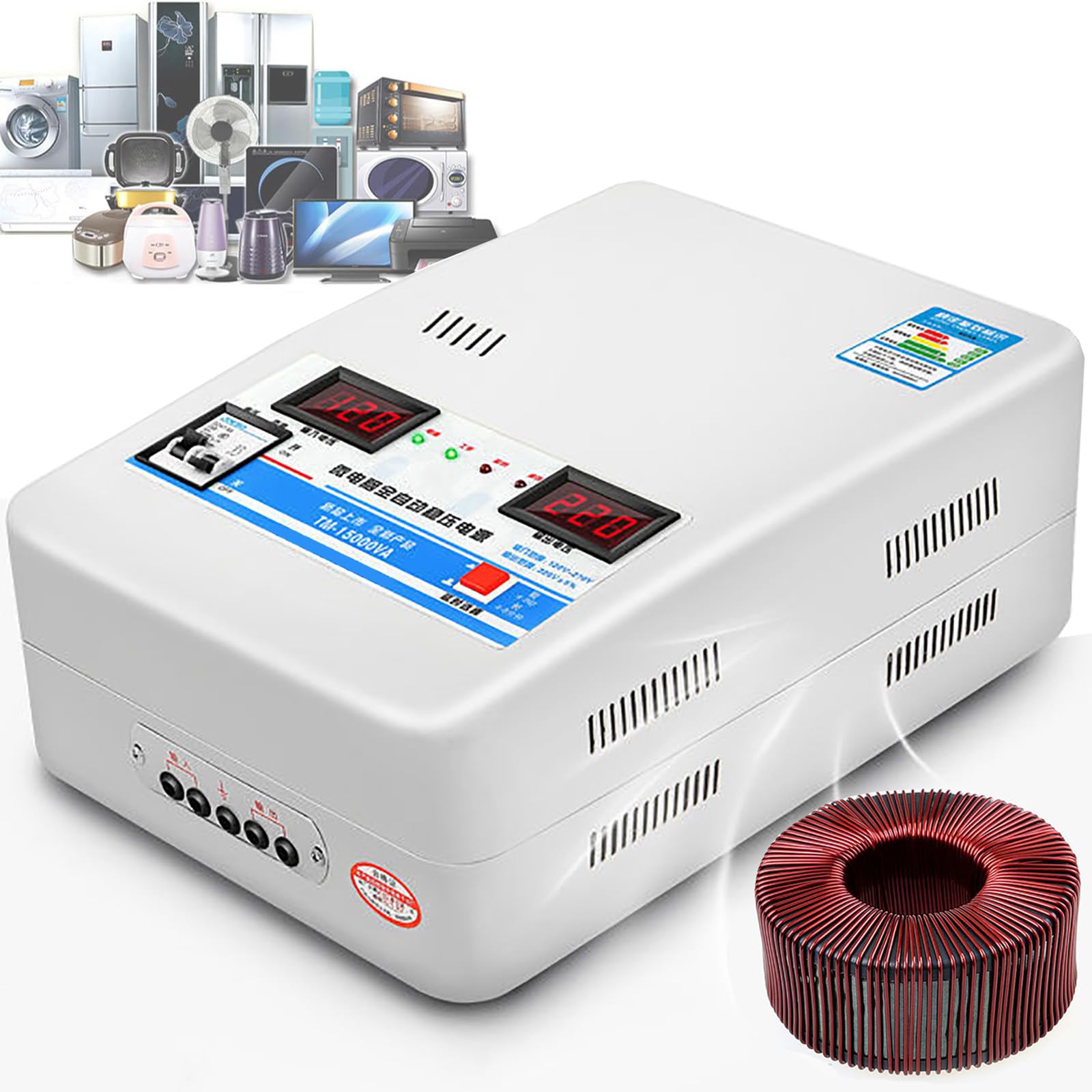 Stabilizzatore di Tensione Completamente Automatico da 15 Kw, Stabilizzatore di Tensione per Condizionatore d'Aria A Bassissima Tensione in Rame Puro 220 V, 6 Protezioni Principali