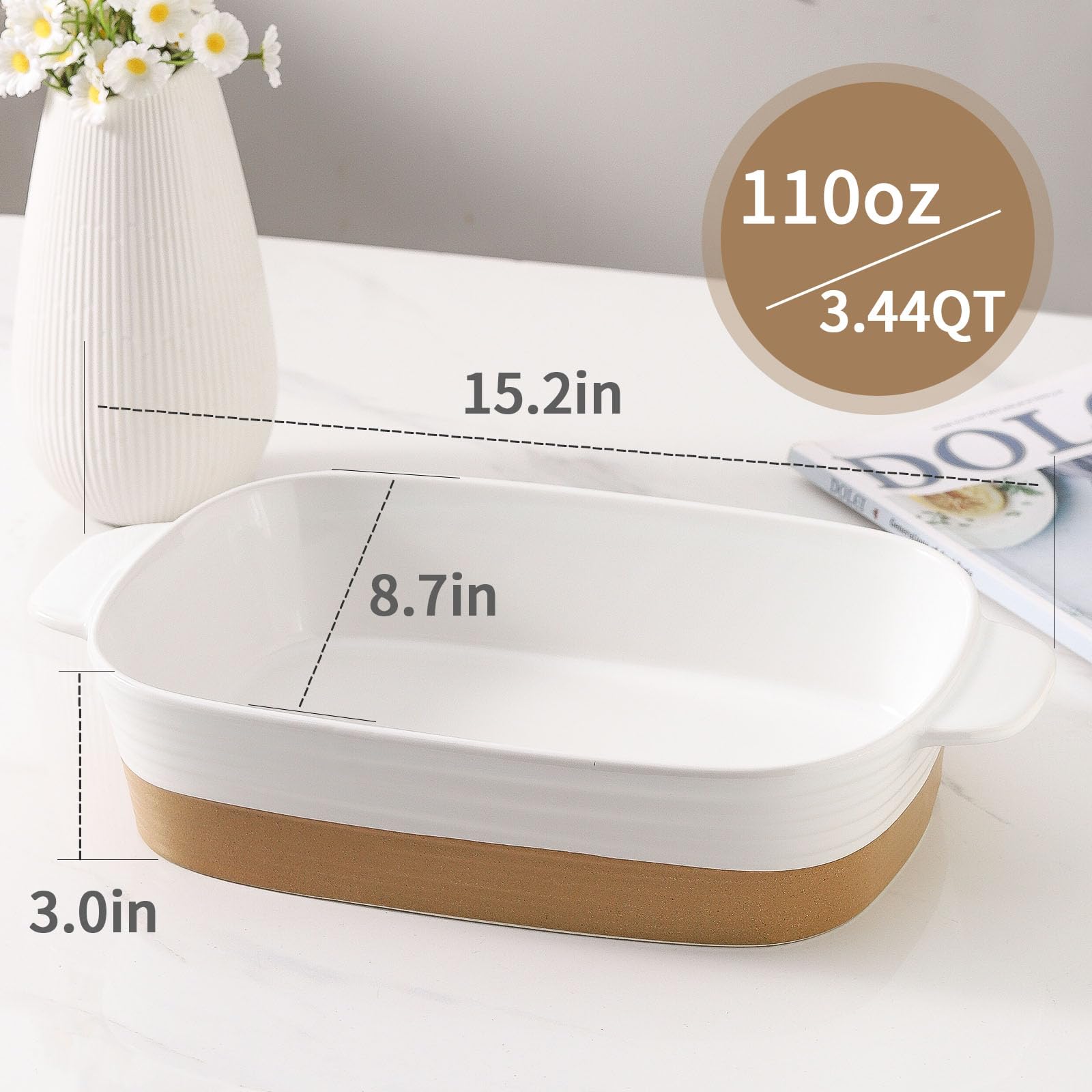 Hasense Fuente de cerámica para hornear, 15 x 8.7 pulgadas, cacerola grande para lasaña para horno, sartén antiadherente con asa para hornear, cacerola, cocina, regalo de boda, blanco (3.4 cuartos de