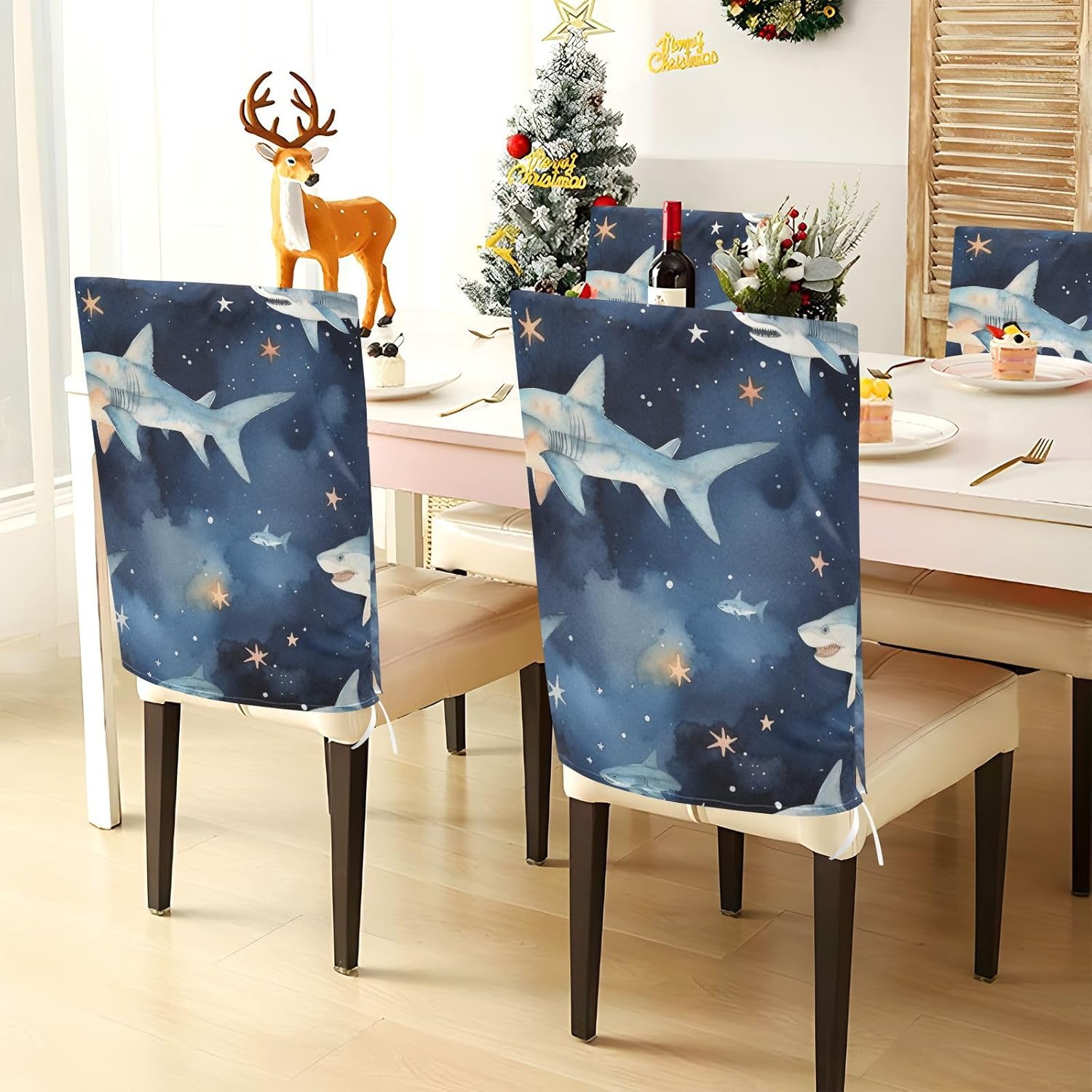 ALAZA Sharks Fishes Stars Chair Back Cover Set of 6, Washable Reusable Removable Chair Slipcovers Decorative Chair Cover for Home Kitchen Wedding Party