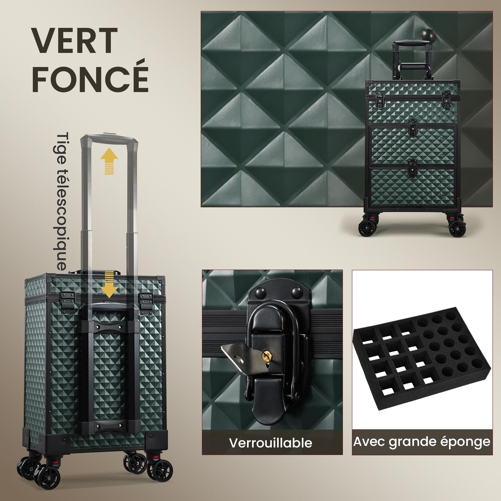 Valise Maquillage, Malette de Manucure et de Coiffure avec Roues 360°, Manche Téléscopique, 2 Plateaux et 2 Tiroirs, Imperméable, Vert