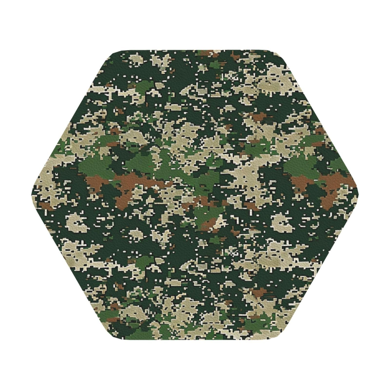 Green Army Digital Camouflage Print Leather Coaster Set of 6, Hexagon Coasters Table Decorative Coffee Cup Beverage Coasters Wine Beer Bar Coasters for Hot Drinks Table Protection