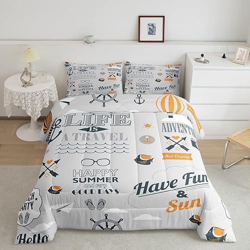 Juego de edredón de ancla náutica, edredón acolchado con temática del océano costero para niños, niñas, adolescentes, adultos, dormitorio, brújula