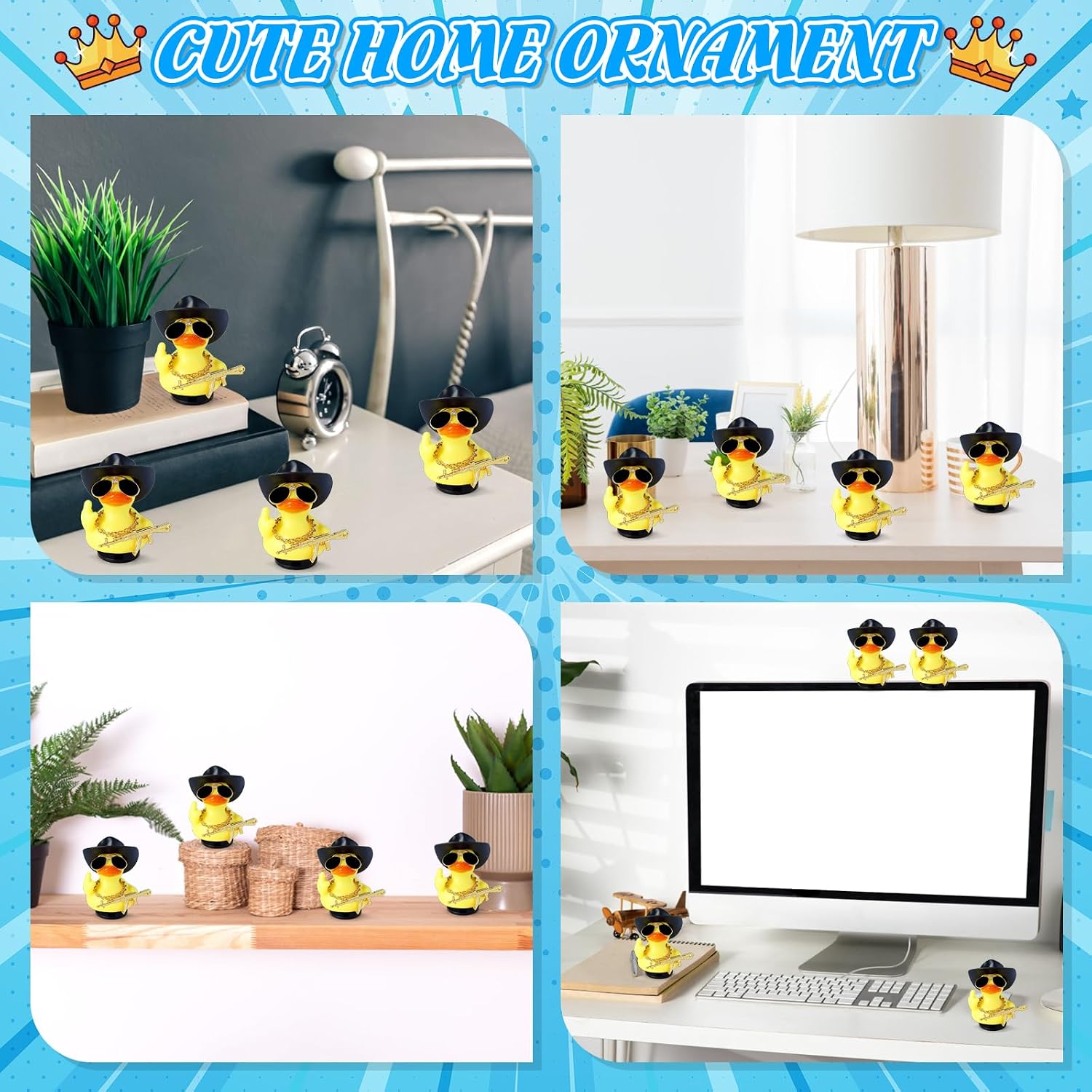 2pcs Funny Rubber Duck with Cowboy Hat, Gold AK47, Sunglasses & Necklace - Cool Car Dashboard Decor for Adults, Office & Home Ornament