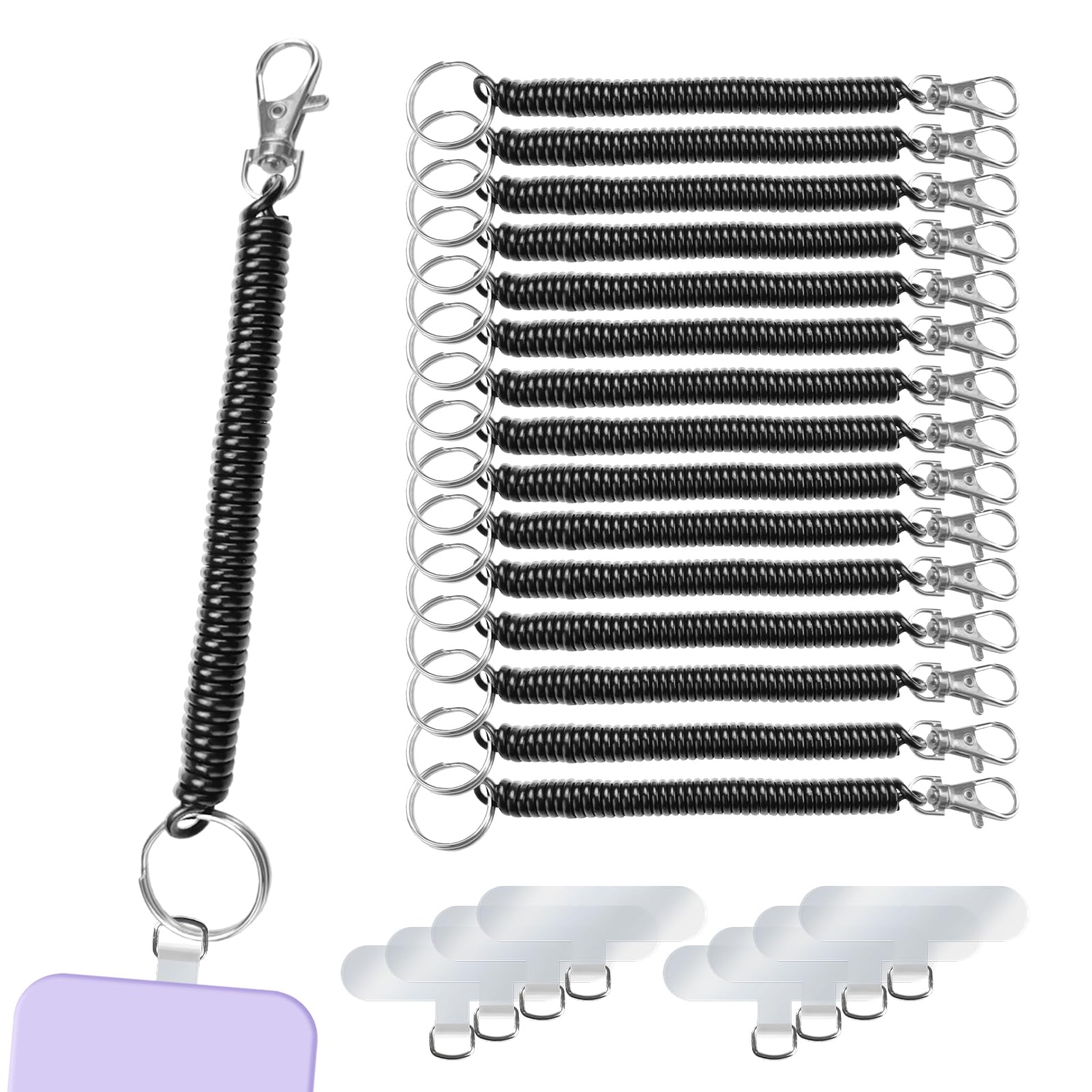 Modixun Unisex Black 16 Pack Retractable Spiral Spring Coil Keychain, Anti-Lost Stretchy Cord Leash Safety Key Chain With Tether Tabs, Wrist Lanyards For Keys Wallet Cellphone,