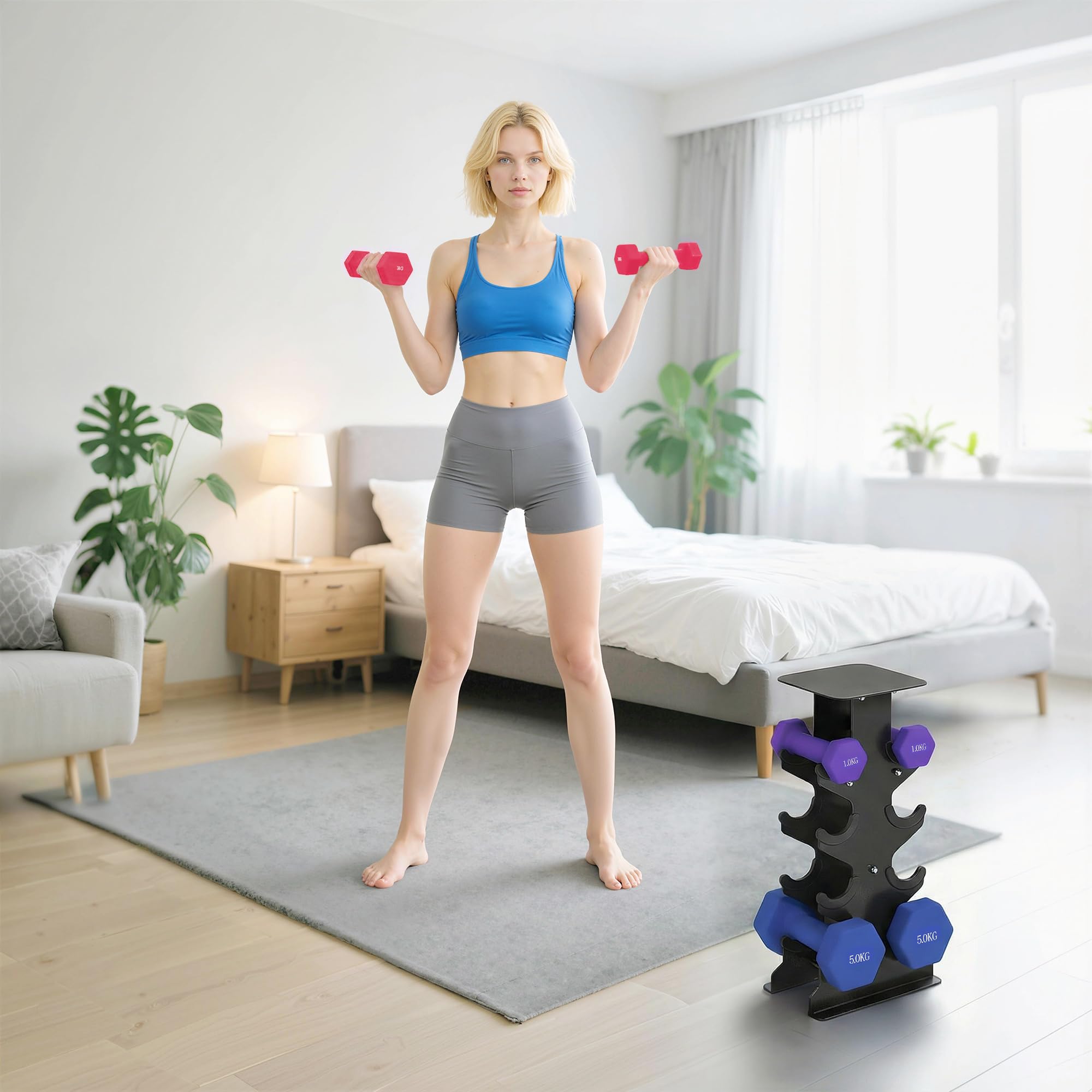 SPORTNOW Lot 3 haltères hexagonaux avec support, 2 x 1kg, 2 x 3kg, 2 x 5kg, set haltères musculation courts, poignées antidérapantes, pour femmes & hommes, fitness à domicile entraînement bras épaules