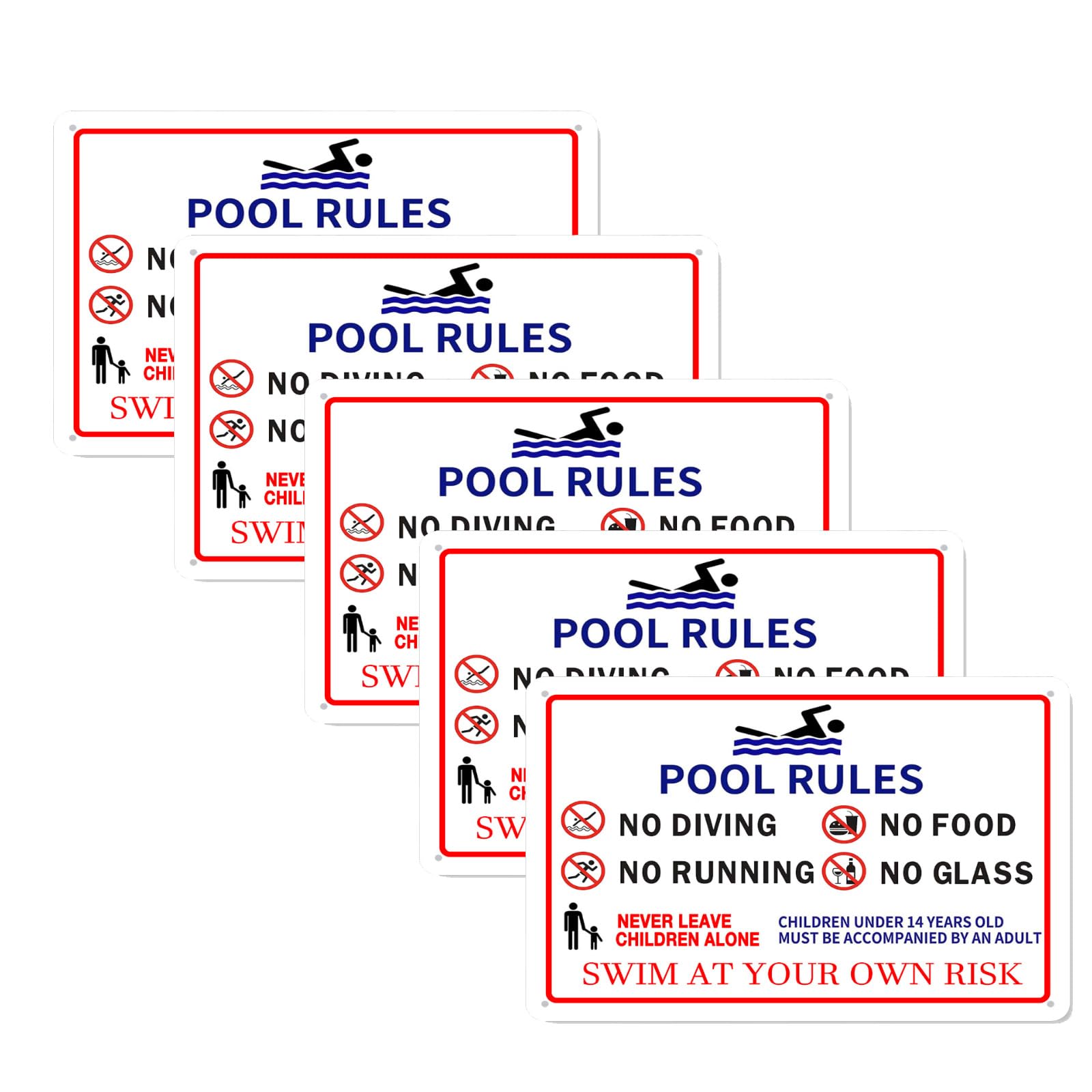 5 Pack Pool Rules Sign - Swim At Your Own Risk, Pool Decorations Outdoor Pool Decor 8"x12" Aluminum Sign