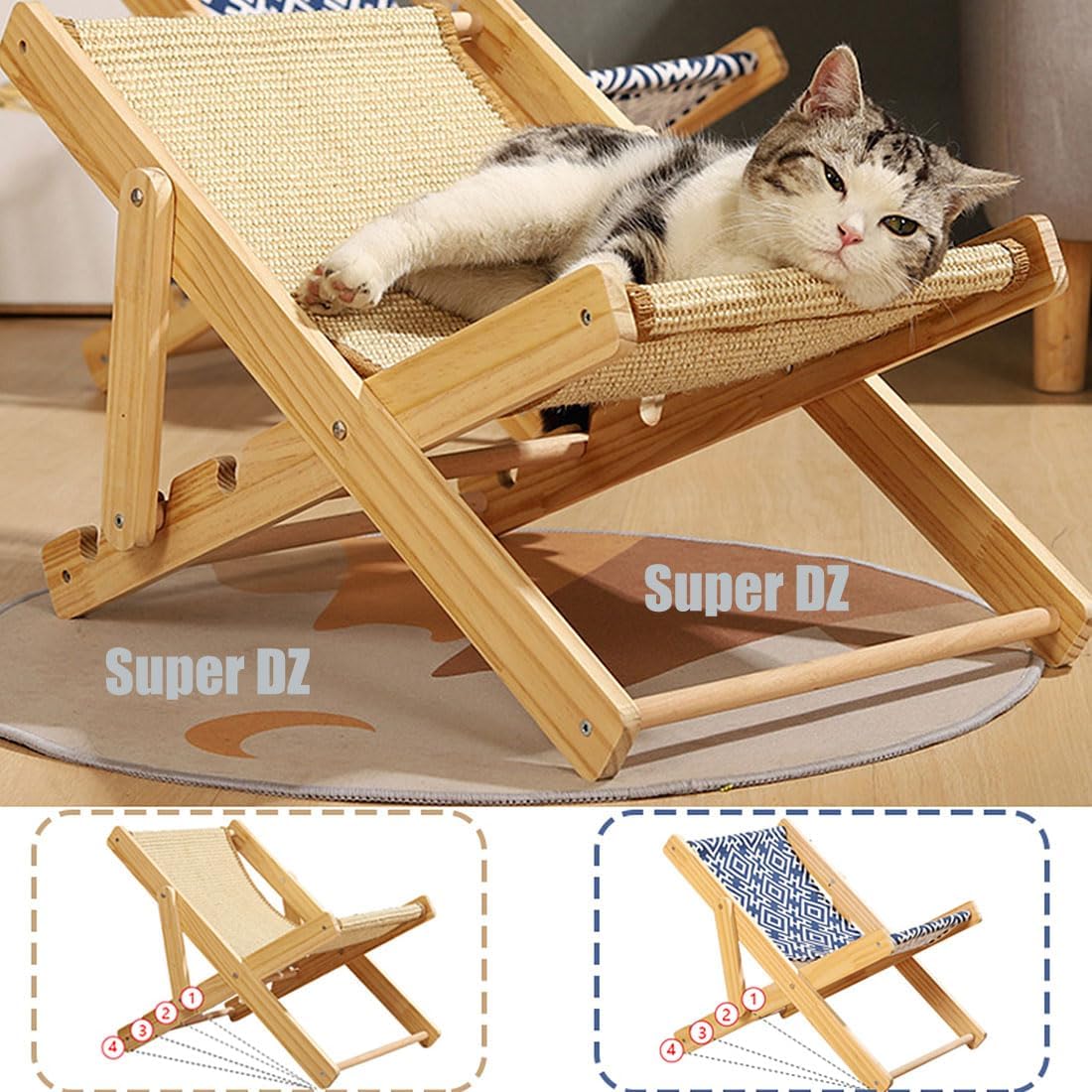 review Sisal Cat Chair, 4 Speed Adjustable Natural Wooden Cat Chair, Elevated Cat Bed with Sisal Scratcher and Cat Hammock, Bearing 10kg Resting Cat Lounge Chair Pet Cot (Canvas)