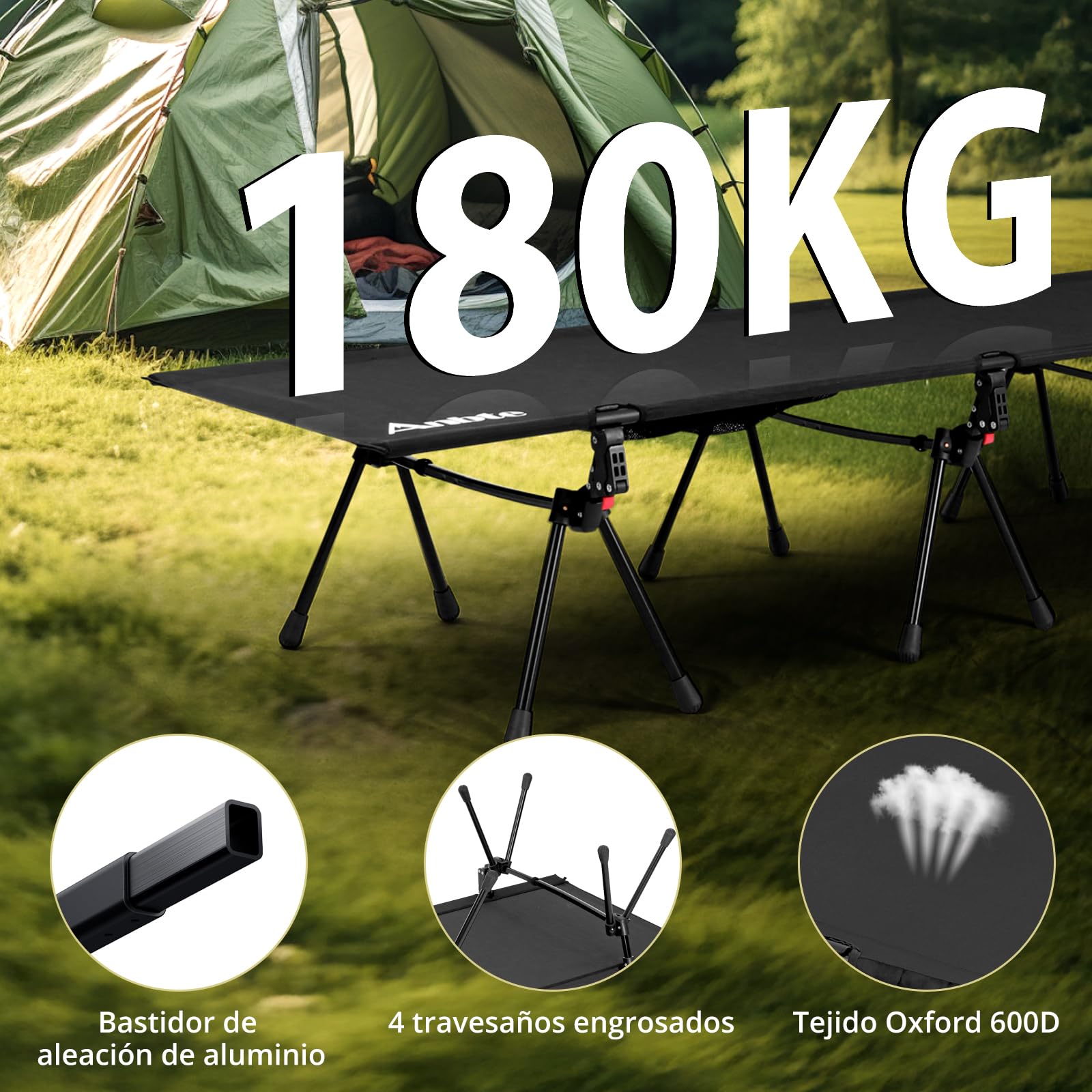 Anbte Cama de Camping Cuna de Acampada Ultraligera, Ajustable en Altura Soporta hasta 180KG, Cómoda Cama Plegable para Camping, Senderismo, Viajes, Camiones, Playa, Oficina, Negro