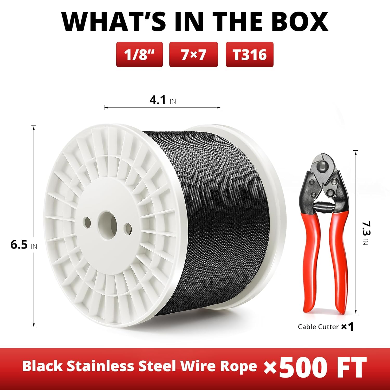 500FT 1/8" Black Stainless Steel Cable, 7x7 Strands Wire Rope Aircraft Cable for Deck Cable Railing System Kit, Comes with a Cutter