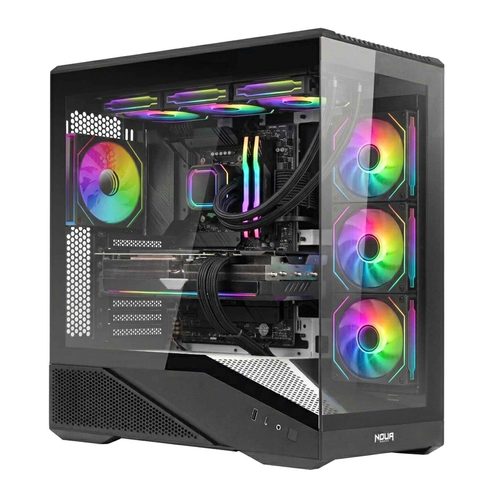 Noua Cool G5 - Caja ATX para PC Gaming, 0,60 mm, SPCC, 4 ventiladores Dual Halo RGB, 5 V, 3 pines, ADD, RGB, vidrio templado, 3 puertos USB 3.0/2.0, paneles laterales de cristal templado