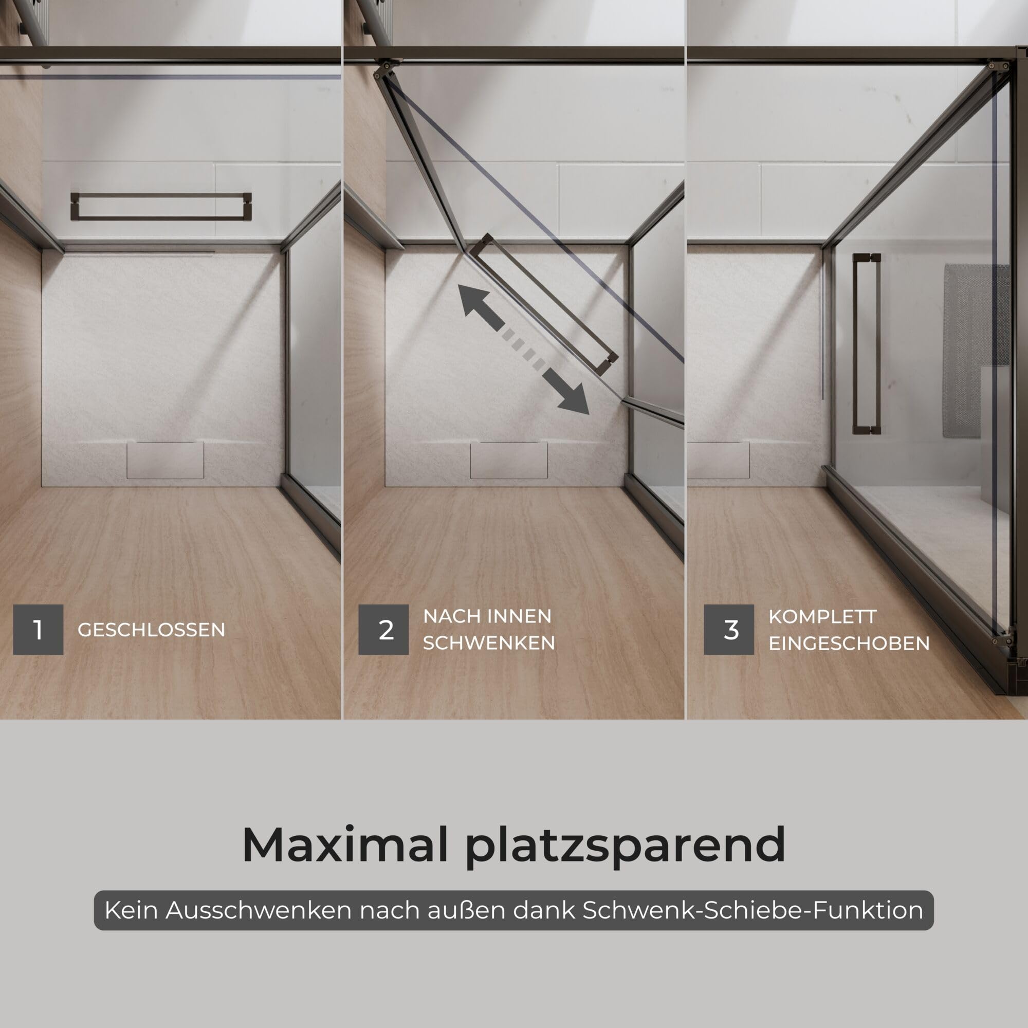 Schulte Sunny Schwenk-Schiebetür für Nische 90 cm, ESG Sicherheitsglas 6 mm, Fixil Antikalkbeschichtung, Aluminium Schwarz Matt, anschlagslos, Duschkabine Nischentür