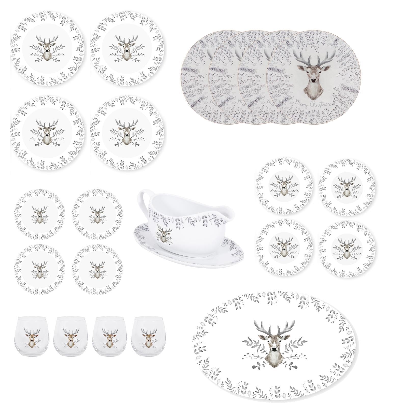 YöL Christmas Tableware Set For 4 Silver Stag Design Festive Table Decoration Dinner Plate, Side Plate, Bowls, Placemats - 22pc
