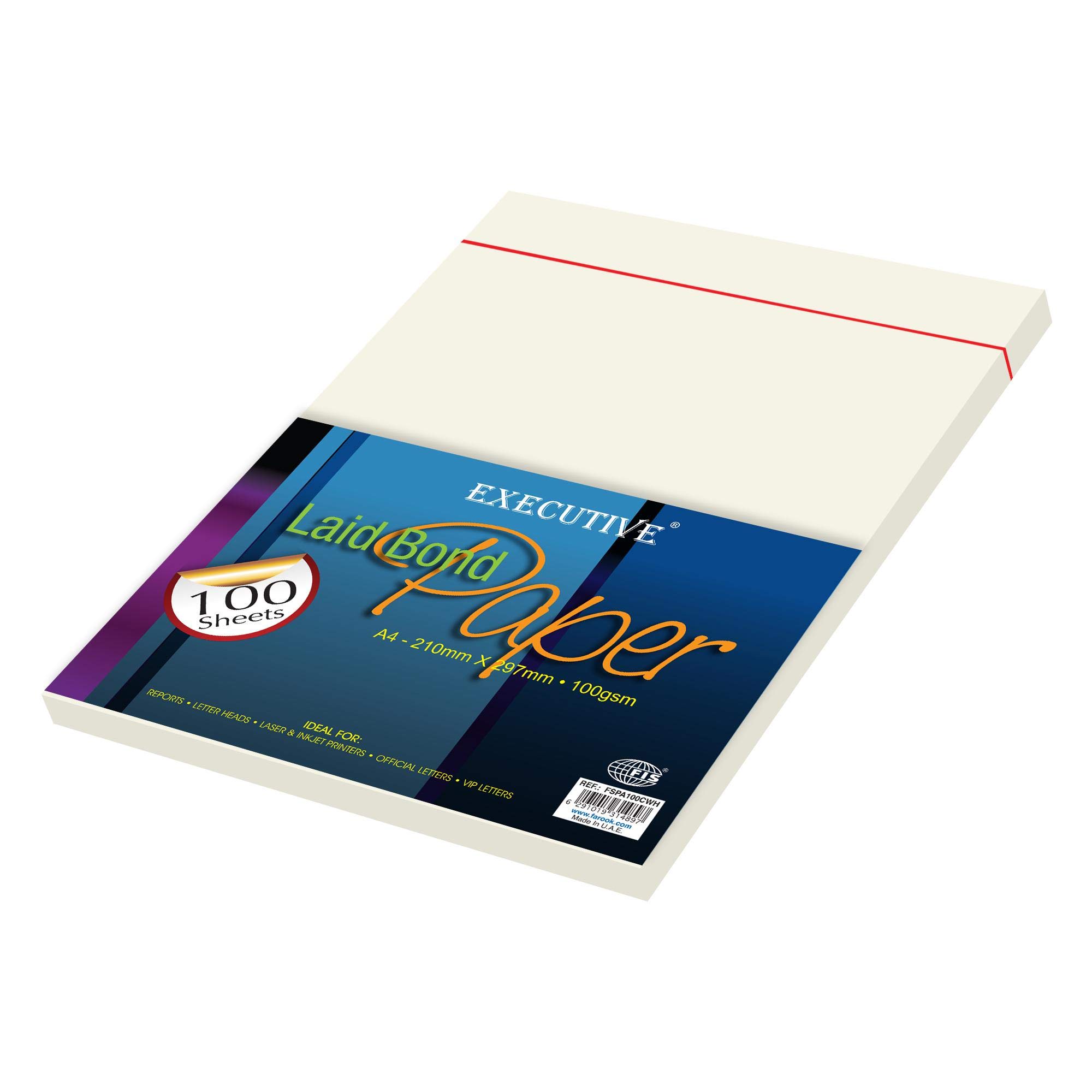 FIS Executive Laid Paper, A4 Size(210x297mm) 100gsm, 100 Sheets Per Pack, Camille White, Compatible with Premium Printers, Inkjet Printers, Laser & Copier, for Office, School & Home Use - FSPA100CWH
