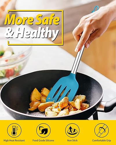 Miniatura 4 de Pack of 4 Silicone Cooking Utensils Set, Non Stick Large Solid Spatulas, Heat Resistant Blue Slotted Spoons, Ideal BPA Free Kitchen Turners for Azul