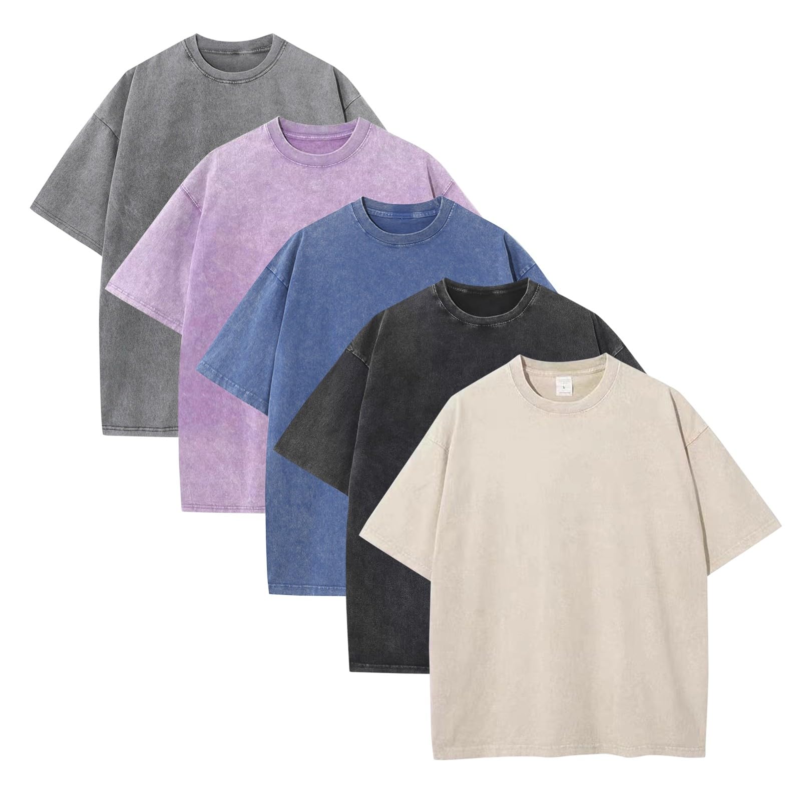Paquete de 5 camisetas lavadas al ácido para hombre, estilo vintage, de algodón desgastado, manga corta, cuello redondo, camiseta casual de verano
