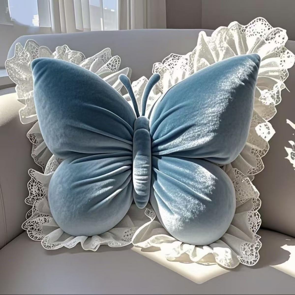 BWGHBH Butterfly Lace Throw Pillow Waist Support Cushion Backing Block Cute Stuffed Plush For Sofa Bedroom Couch Car Seat Soft Plump Headrest 19.6x17.7Inches Blue