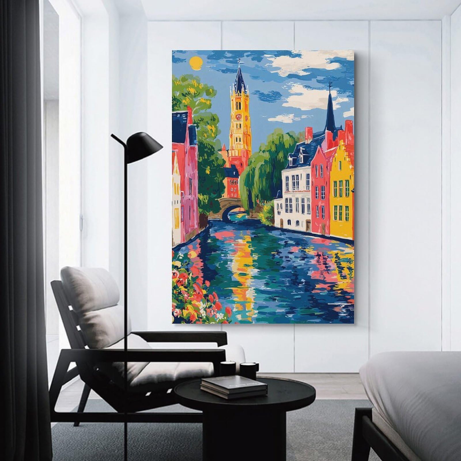 Junmoney Unframe-Style Colorful Canal Cityscape Painting Home Decor Wall Art 20X30inch(50X75cm), For Bedroom, Guest Room Or Reading Nook, Decorative Wall Art For Cosy Rooms