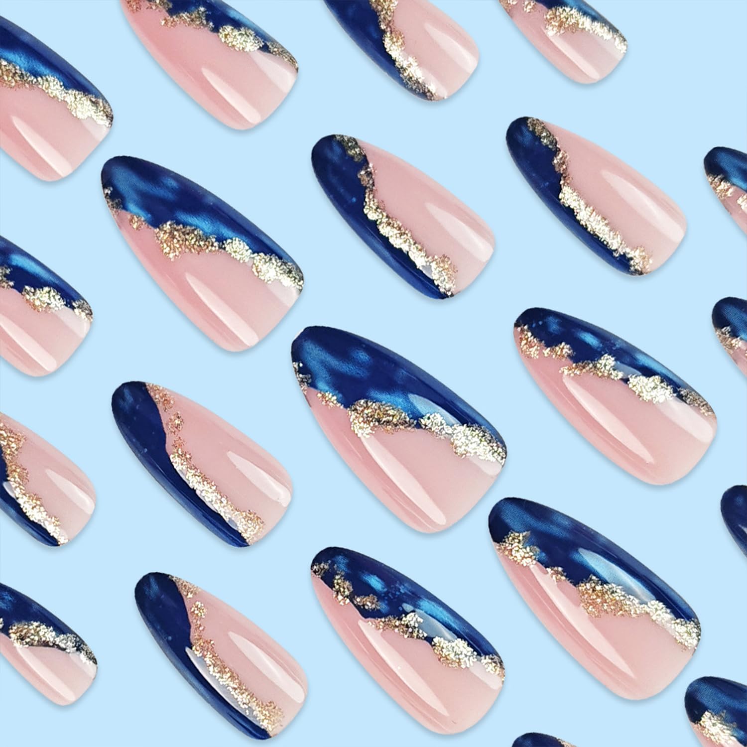 Amazon.com: Gold Foil Blue Marble Fake Acrylic Nails Medium Almond Press on  Nails Mirror Artificial Glue on Nails Full Cover Reusable False Nails for  Women Girls DIY Nail Art : Beauty &