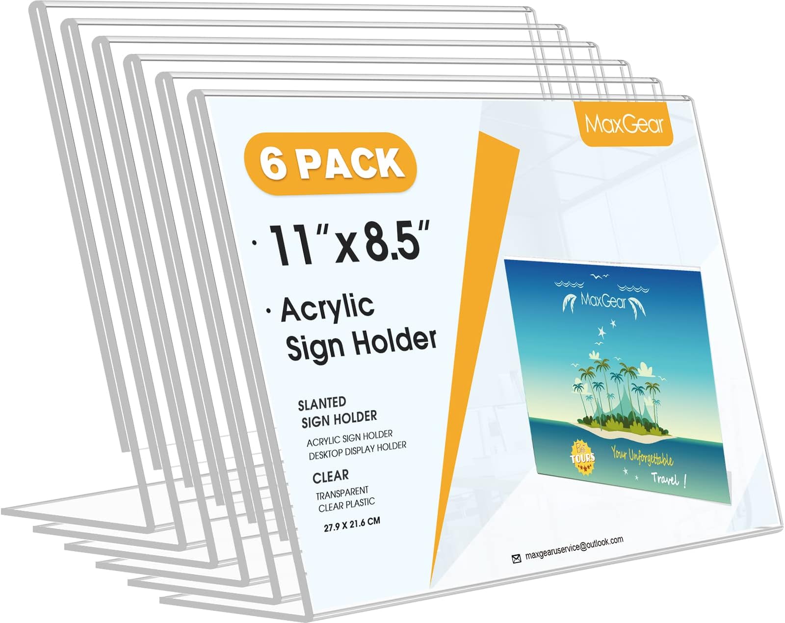 MaxGear Acrylic Sign Holder 8.5x11 Inches Horizontal 6 Pack, Slant Back Clear Tabletop Display Stands for Flyers Menus Documents, Landscape Sign Frames