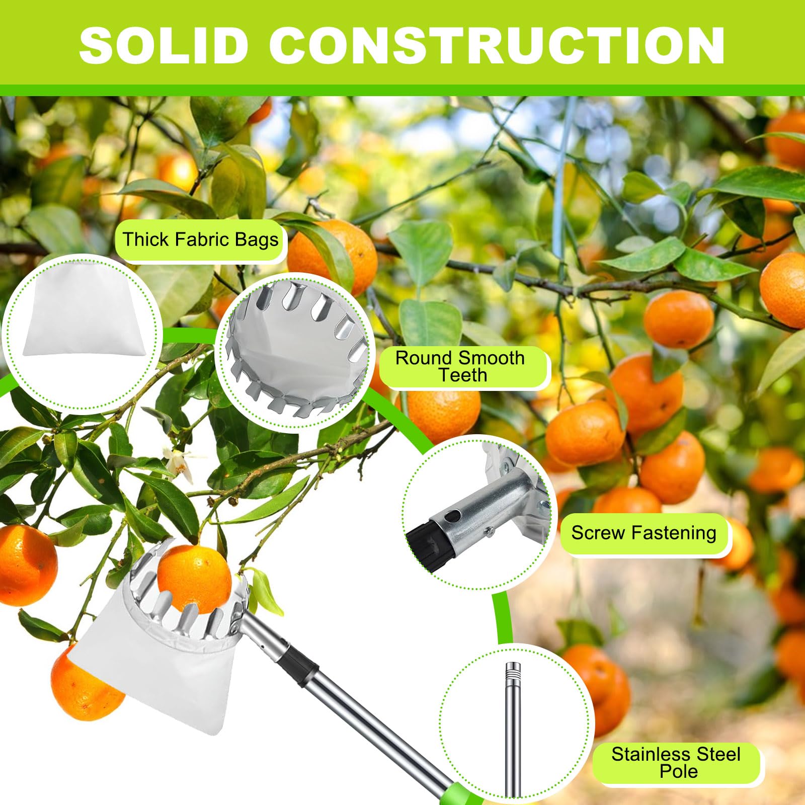 Raccogli Frutta,Raccogli Frutta con Palo in Acciaio Inox Leggero,2.8m Raccoglitore di Frutta,Diametro 13 cmMela Raccoglitrice,Raccogli Frutta da Albero con Testa a Cestello,Raccogli Fichi