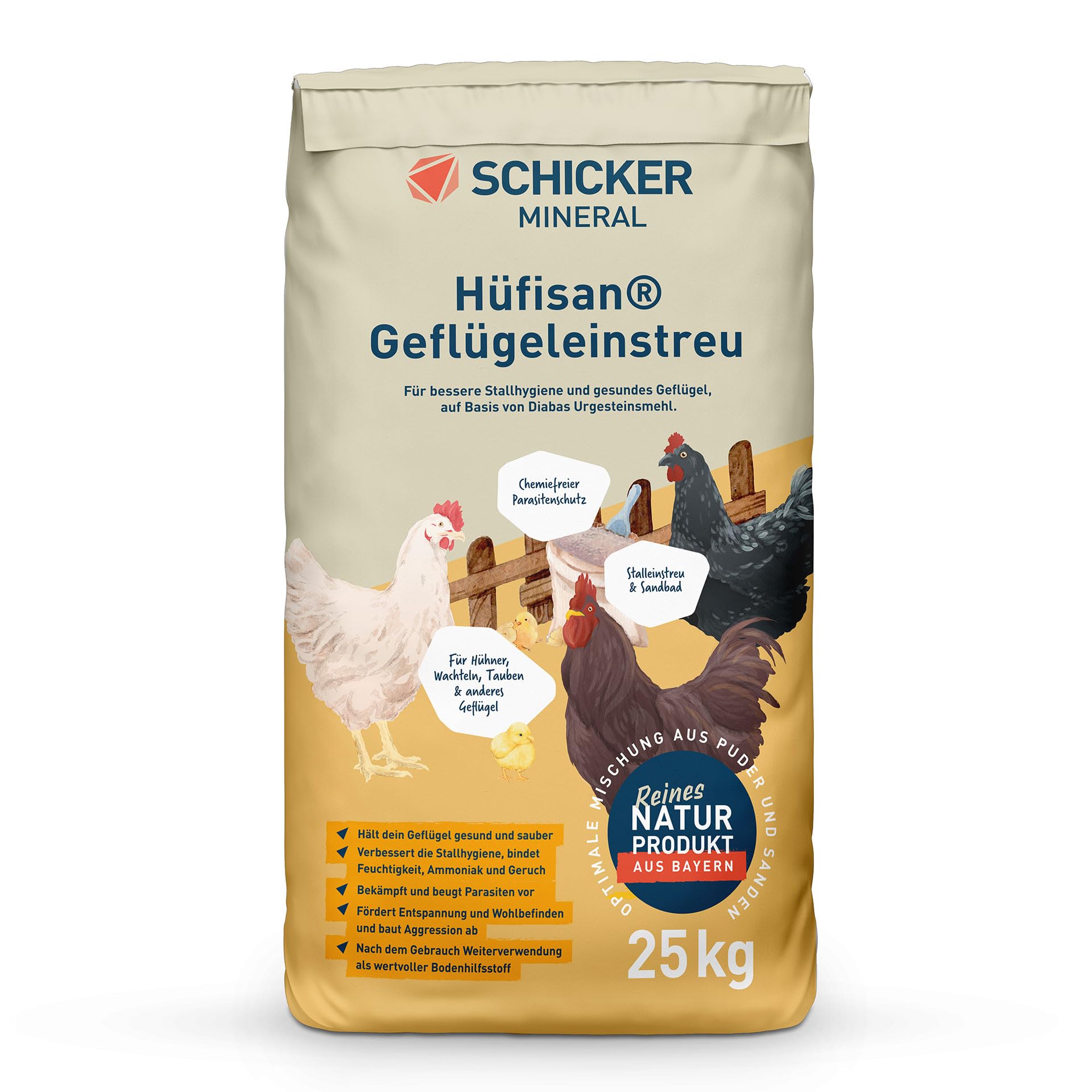 Schicker Mineral Hüfisan Geflügeleinstreu 25 kg, Badesand aus Diabas Urgesteinsmehl für Hühner, Tauben & Geflügel, Naturprodukt zur Feder- & Stallpflege, aktiver Schutz vor Parasiten und Milben