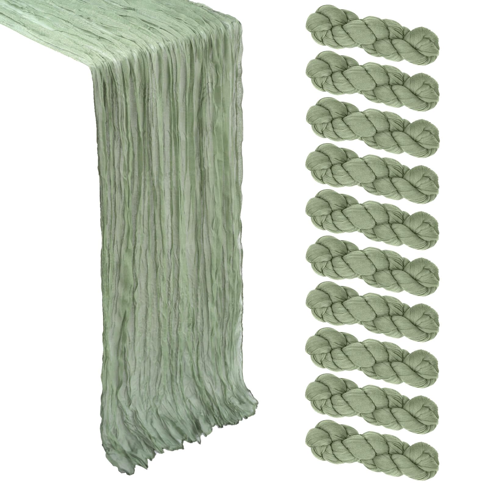10 Pack 17 x 108 Inch Sage Green Table Runner Cheesecloth | Gauze Cheese Cloth, Boho Sheer Rustic Fabric, Party Decor, Bridal Baby Shower Wedding Decoration