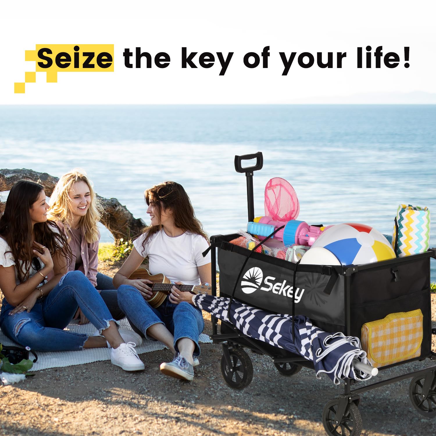 Sekey XXL Bollerwagen Faltbar mit Bremsen 160L 150KG Belastbar, Faltbarer Bollerwagen Geländetauglich, Klappbarer Handwagen Strand Camping Einkaufen, XXL-Sieger 3011, Schwarz
