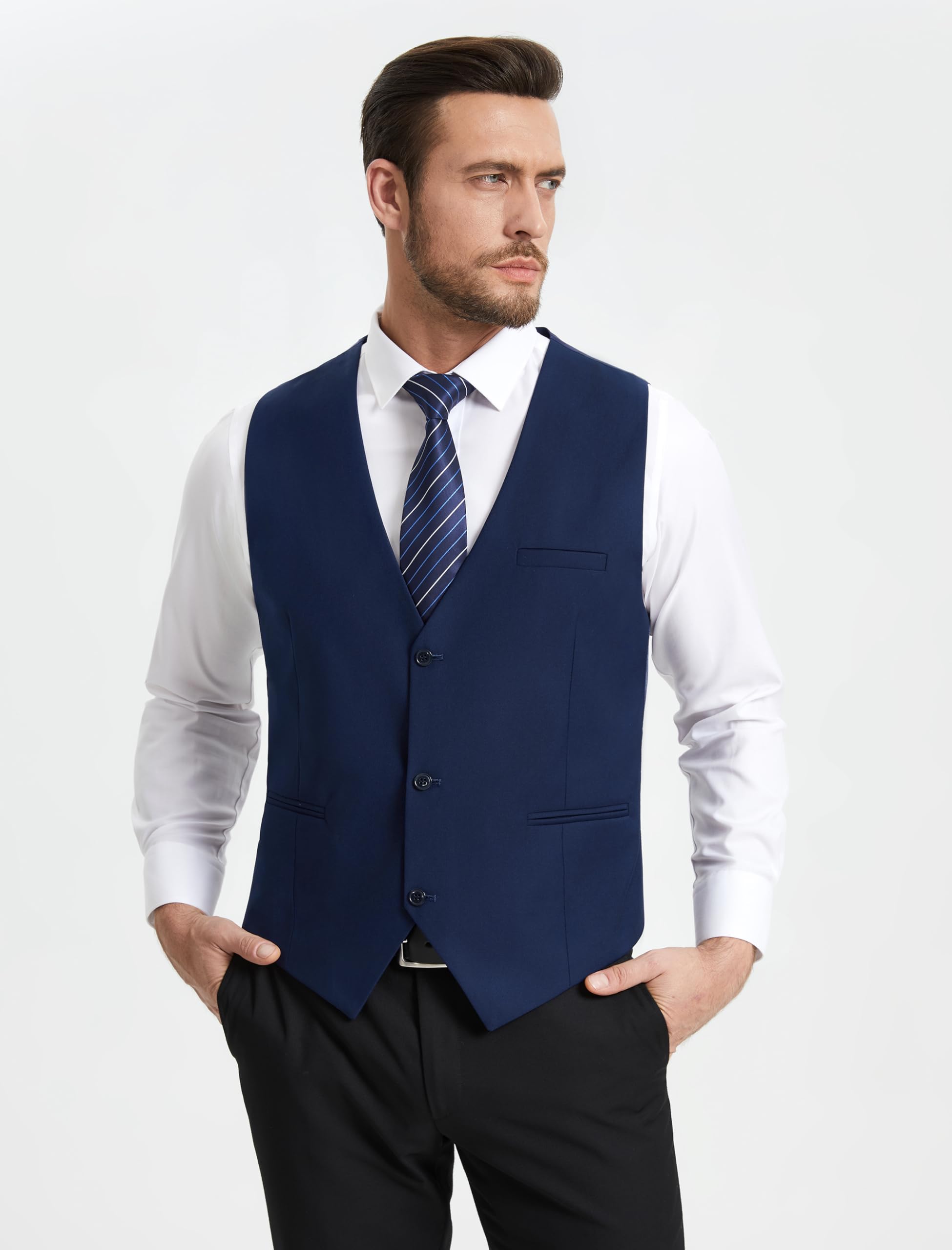 HISDERN Gilet Costume Homme Sans Manches Col en V Ajustable Respirant Léger Formelle Classique Élégante Gilets Hommes avec 3 Boutons Poches pour Bureau Mariage Cérémonie Voyage Taille Régulière S-4XL