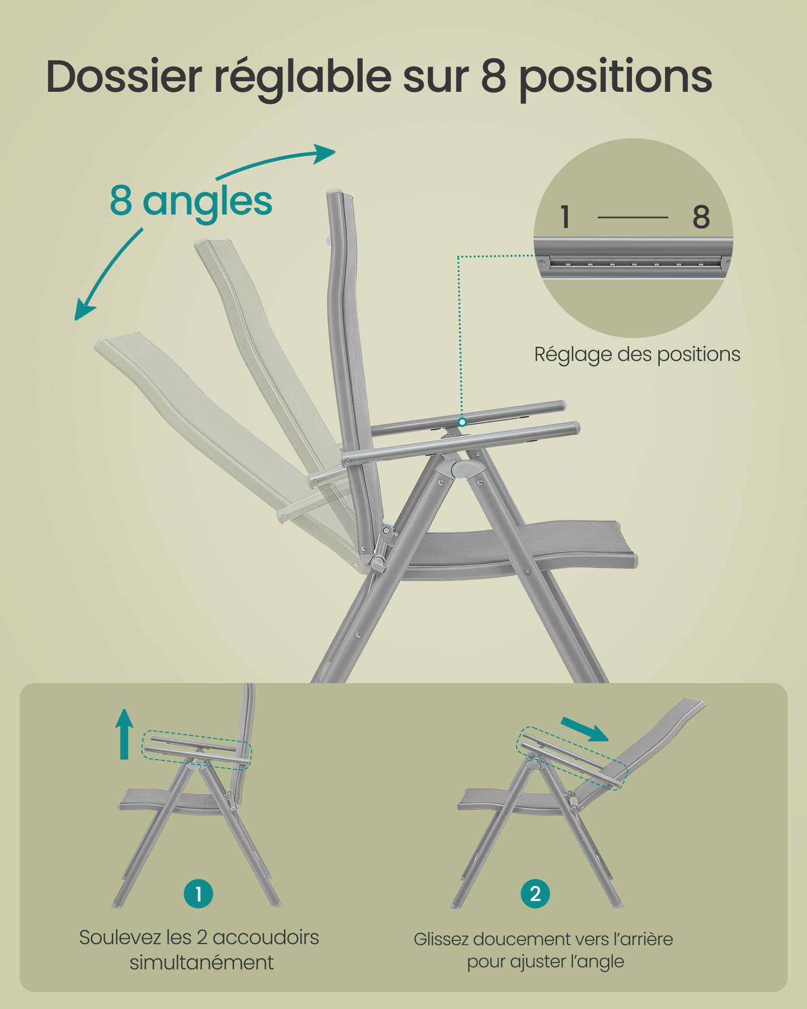 SONGMICS Chaise de Jardin Pliable, Siège d’Extérieur, Cadre en Métal, Dossier Réglable sur 8 Positions, Capacité de Charge 150 kg, Gris GCB02GY