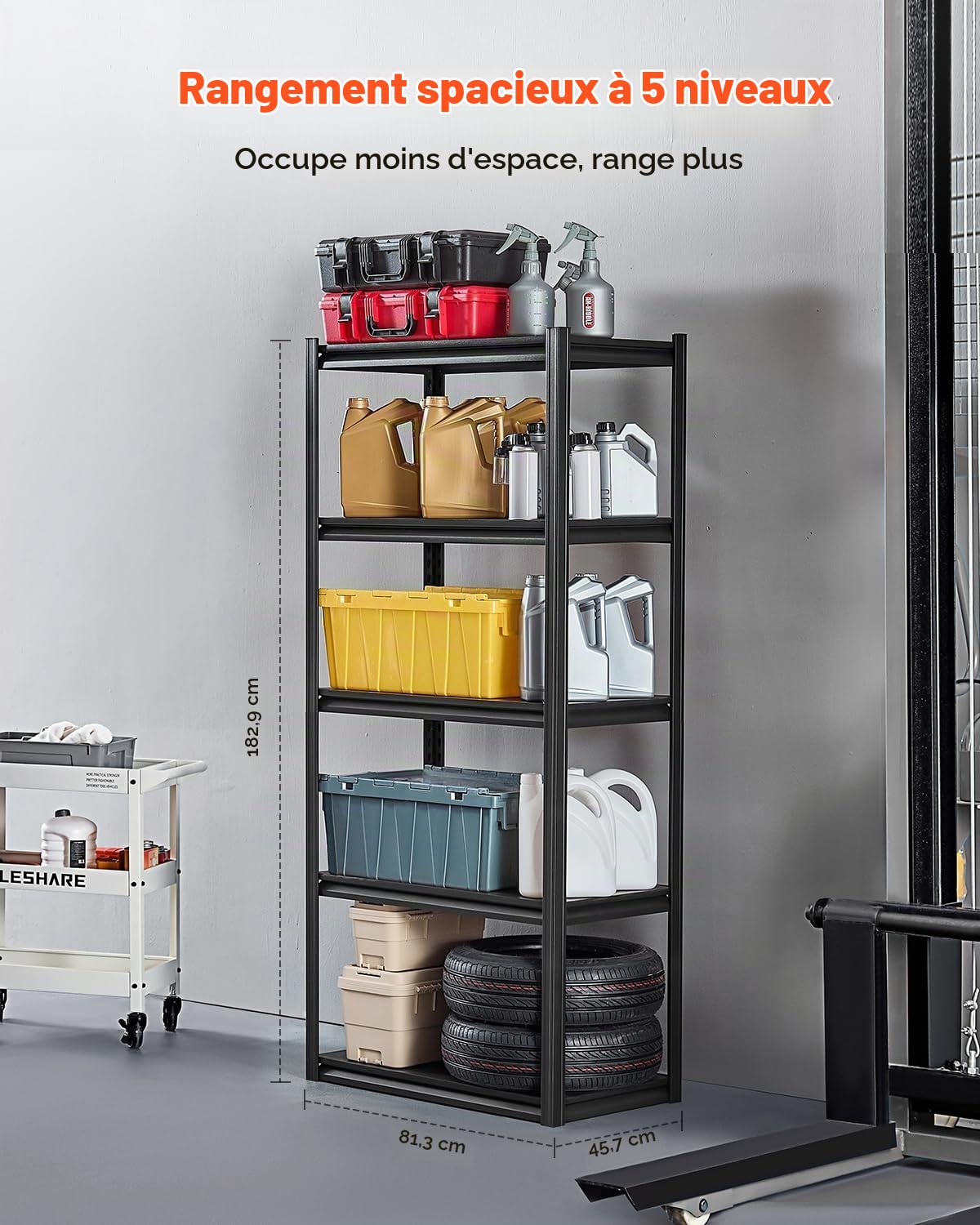 VEVOR Étagère de Rangement, 907 kg, Étagère de Garage Métallique Robuste Réglable, 5 Niveaux, 457,2 x 812,8 x 1828,8 mm, Meuble Rayonnage de Stockage, pour Cuisine, Atelier, sous-Sol, Entrepôt, Noir