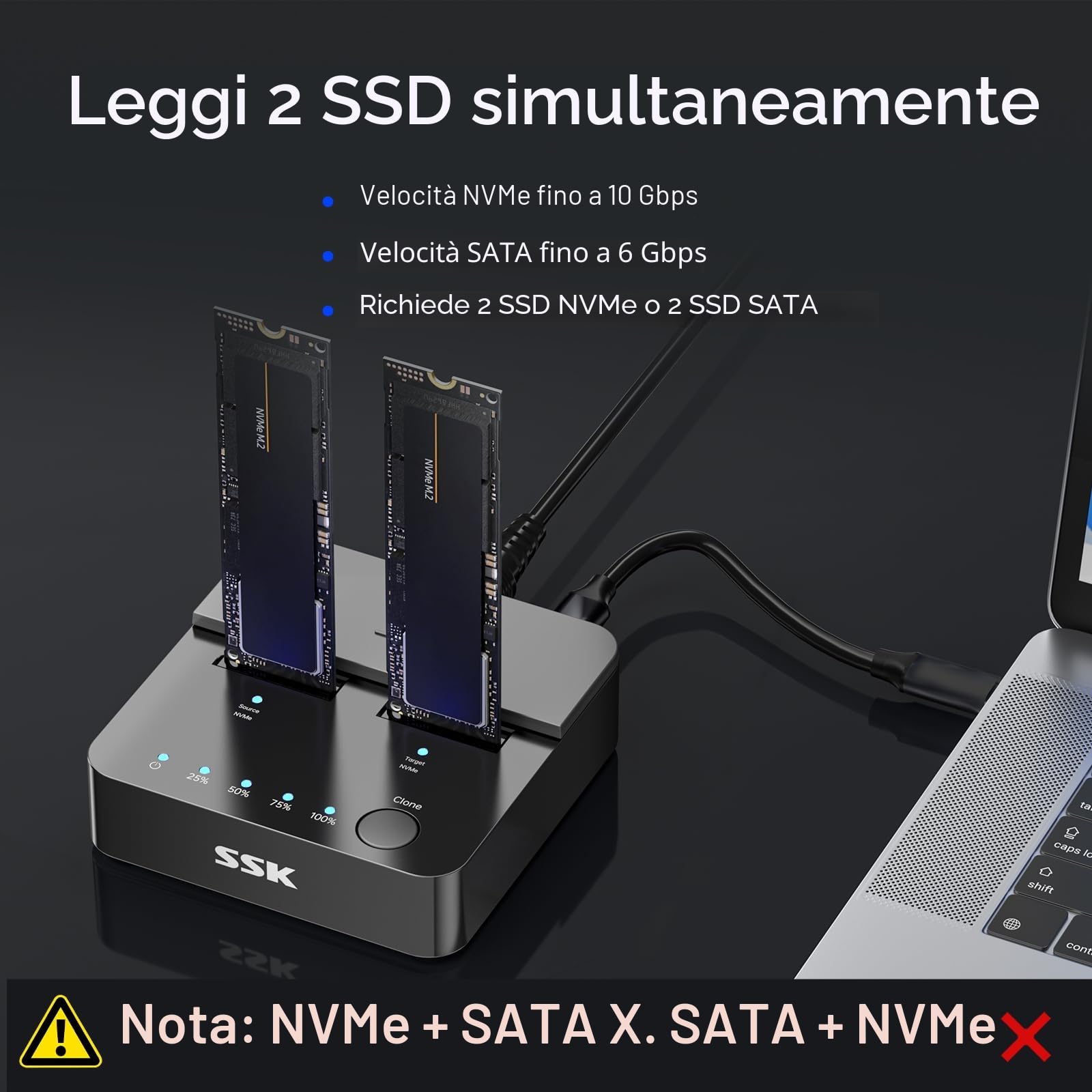 SSK M.2 NVMe SATA SSD Cloner, Docking Station Dual Bay per clonare M.2SSD, 10Gbps USB3.2 Gen 2 SSD a USB Senza Attrezzi Duplicatore, Supporta la Clonazione Offline